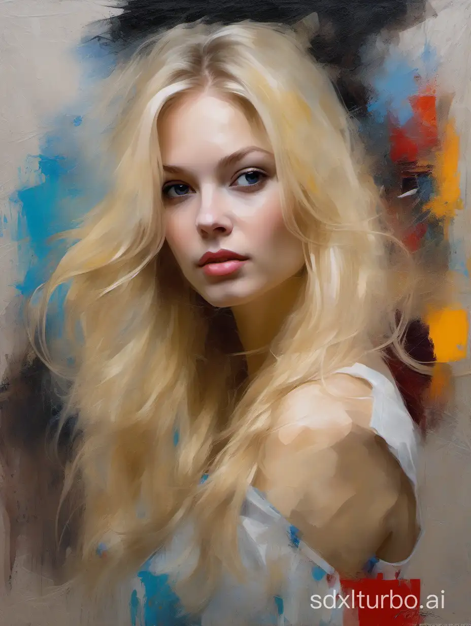 Portrait painting of a beautiful blond Russian woman, 21 years old, with a serene look, in the style of Nikolai Fechin, Pino Daeni, Vladimir Volegov, Alberto Seveso, and Rogue. She has long hair, a detailed background, perfect details, and a colorful, cute, perfect face. The painting features expressive, artistic brushwork and impasto dabs on canvas texture, with an abstract background.