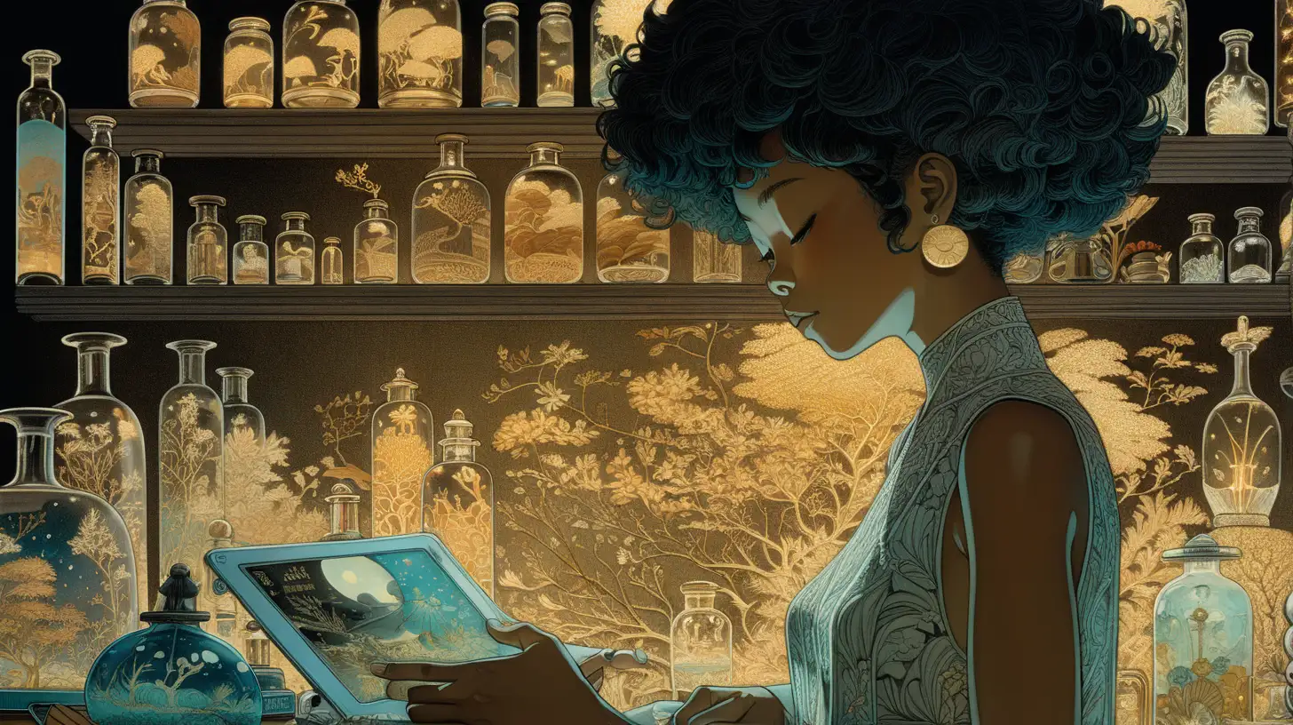 art by Victto Ngai, glamor shot,  melanin woman, electron microscope, diorama, black background, Japanese light novel cover, dark, shaders, time-lapse, haunted apothecary, gold, art by hayao miyazaki, sRGB,