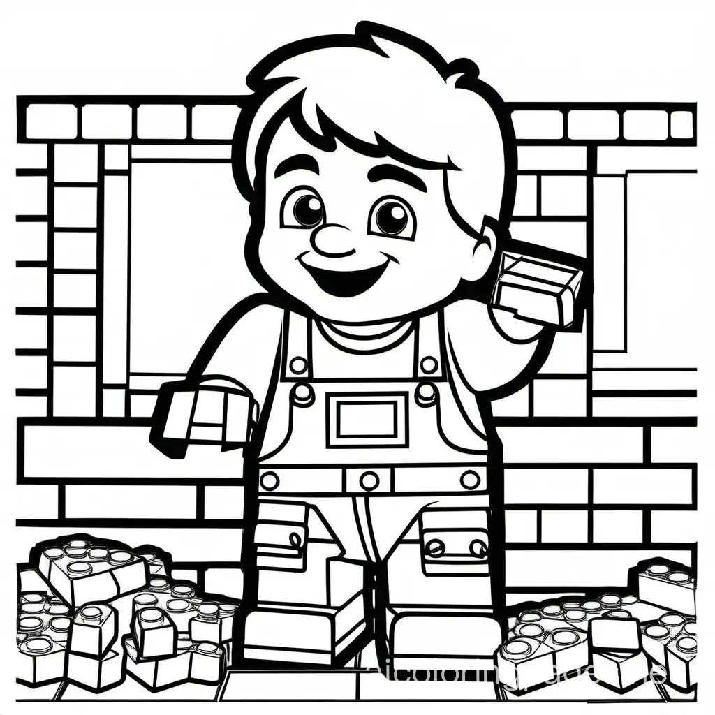 Happy boy building with legos, Coloring Page, black and white, line art, white background, Simplicity, Ample White Space. The background of the coloring page is plain white to make it easy for young children to color within the lines. The outlines of all the subjects are easy to distinguish, making it simple for kids to color without too much difficulty