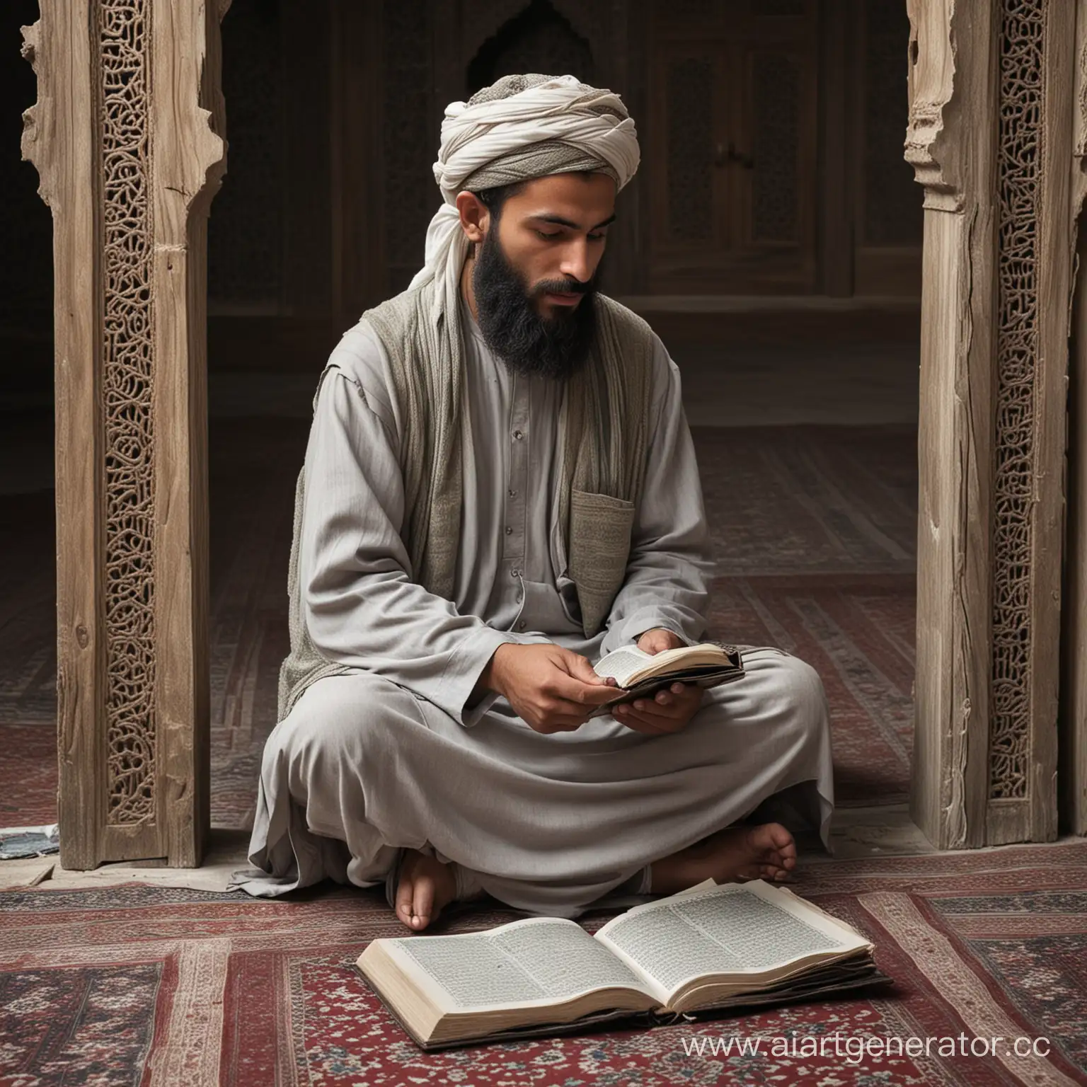 мусульманин вахабист в потрепанной  одежде, с бородой в старой деревянной мечети , читает коран. интерьер в серых тонах. в 9 веке