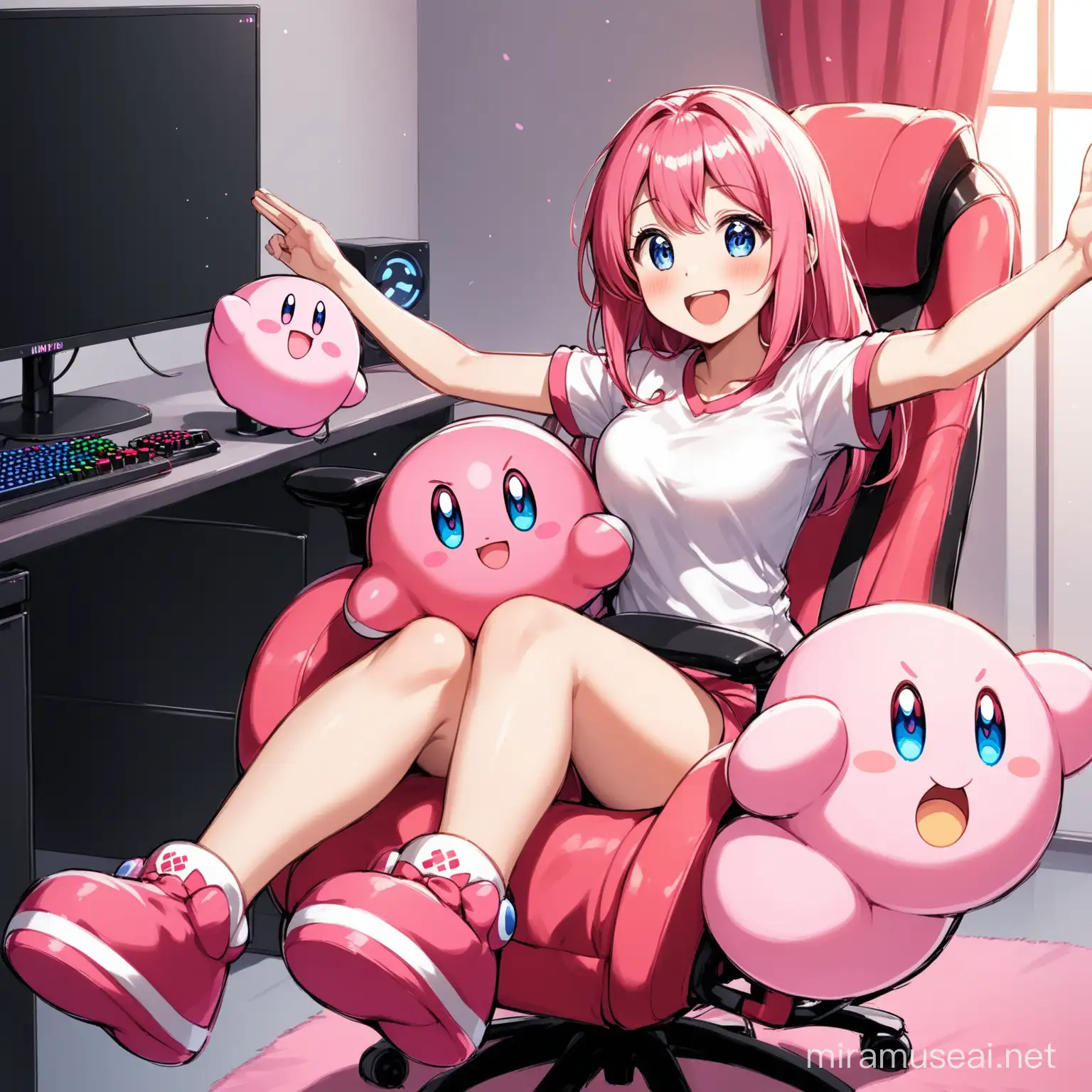 Excited Girl Wins Video Game Joyful EGirl Celebrates with Kirby Plushie