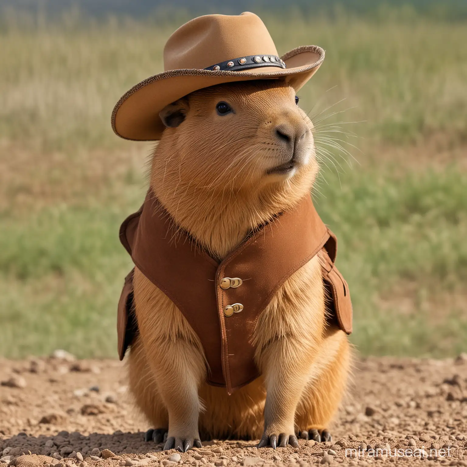 Cute Capybara in Western Attire Adorable Rodent Dons Cowboy Vest and Hat