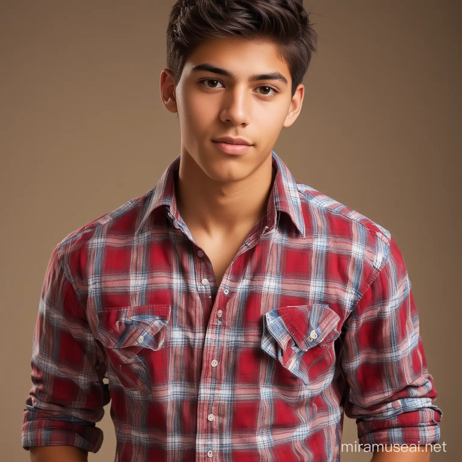 sexy 18 year old hispanic male wearing a plaid shirt
