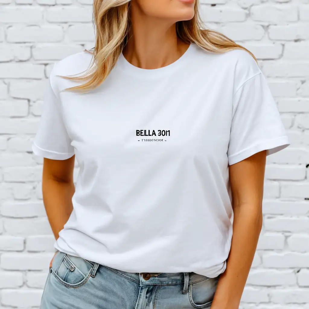 realistic blonde woman wearing white bella canvas 3001 t-shirt mockup, simple white brick background