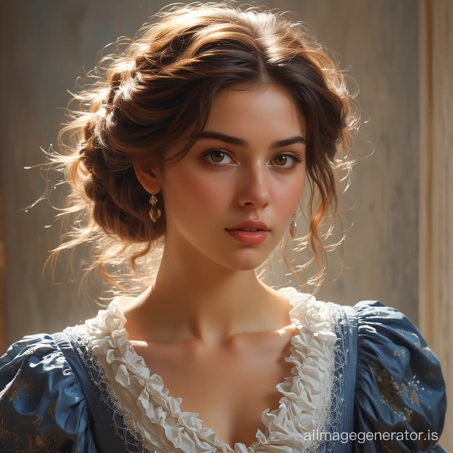 beautiful woman in puffy 19th century dress, perfect symmetrical brown eyes, gorgeous face without makeup, cinematic, stunning, impressionist style, oil painting, wonderful girl, fantastic face, Caucasian, beautiful look, detailed dress detailed hair, illuminated face, detailed Face, 8k Resolution, painted, dry brush, Brush strokes, razumov style and garmash style, by greg rutkowski, trending on artstation, sharp focus, Photo studio, intricate details, Very detailed, Broken Glass effect, light background, stunning, mythical being, energy, molecular, textures, iridescent and luminescent scales, breathtaking beauty, pure perfection, divine presence, unforgettable, impressive, breathtaking beauty, Volumetric light, auras, rays, vivid colors reflects