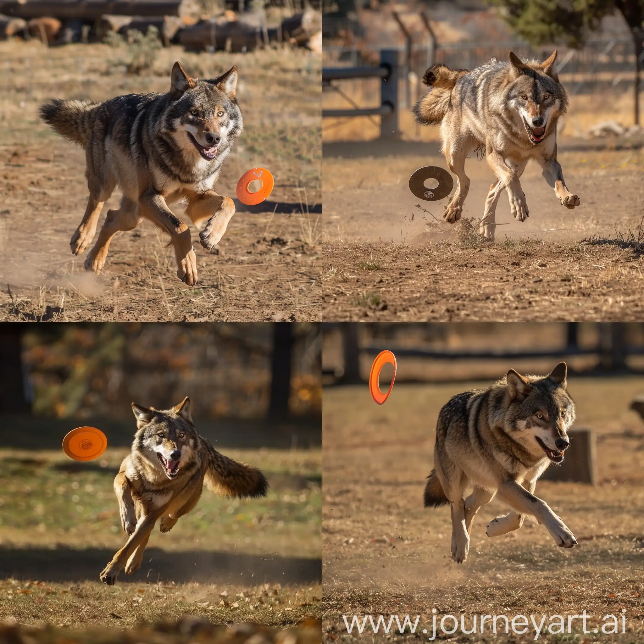 Alpha-Wolf-Running-in-Field-Chasing-Frisbee-Disc-Under-Hot-Sun