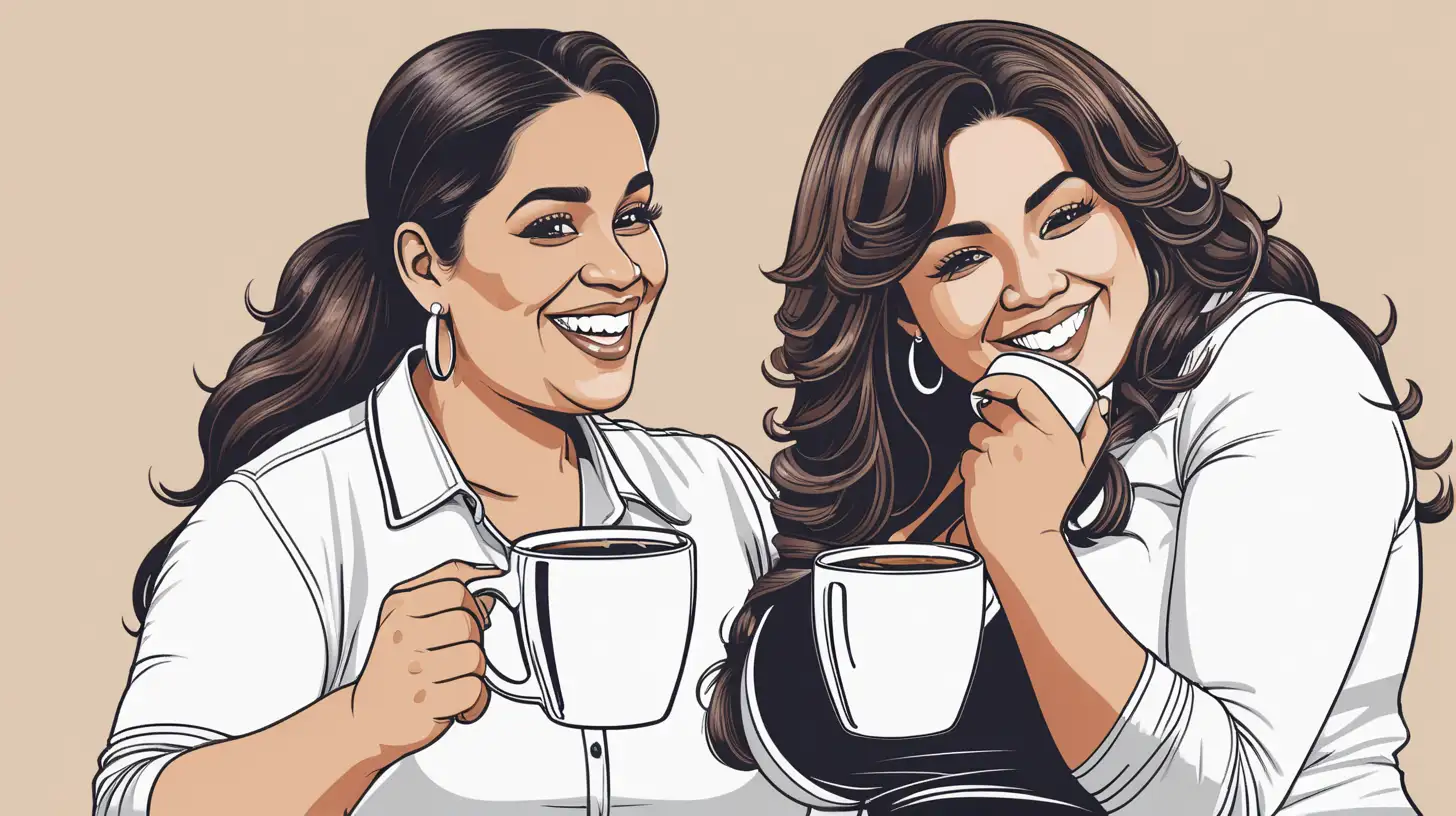 vector drawing of a thick latina woman gossiping with a thick latino man and both of them holding a coffee mug and smiling