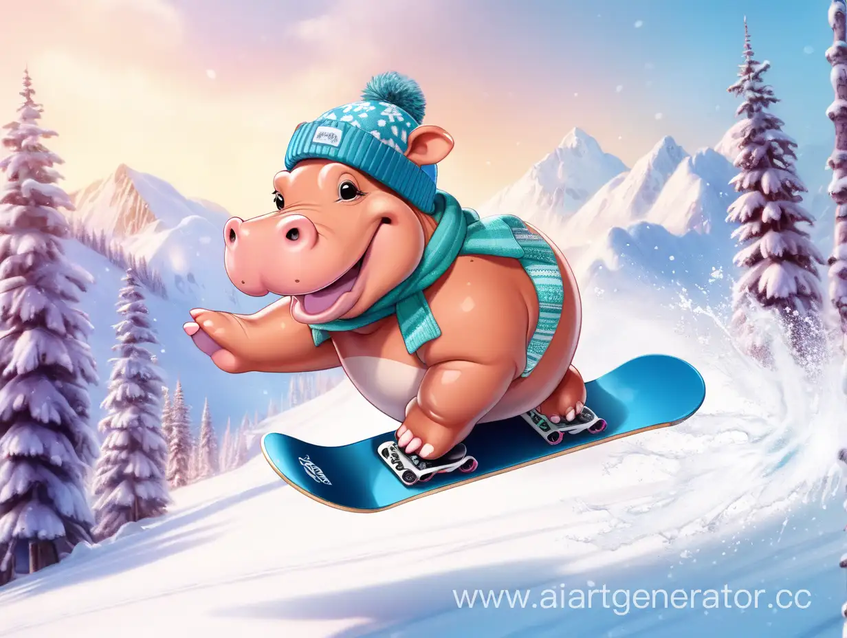 Gloria-Hippo-Enjoying-Snowboarding-Adventure