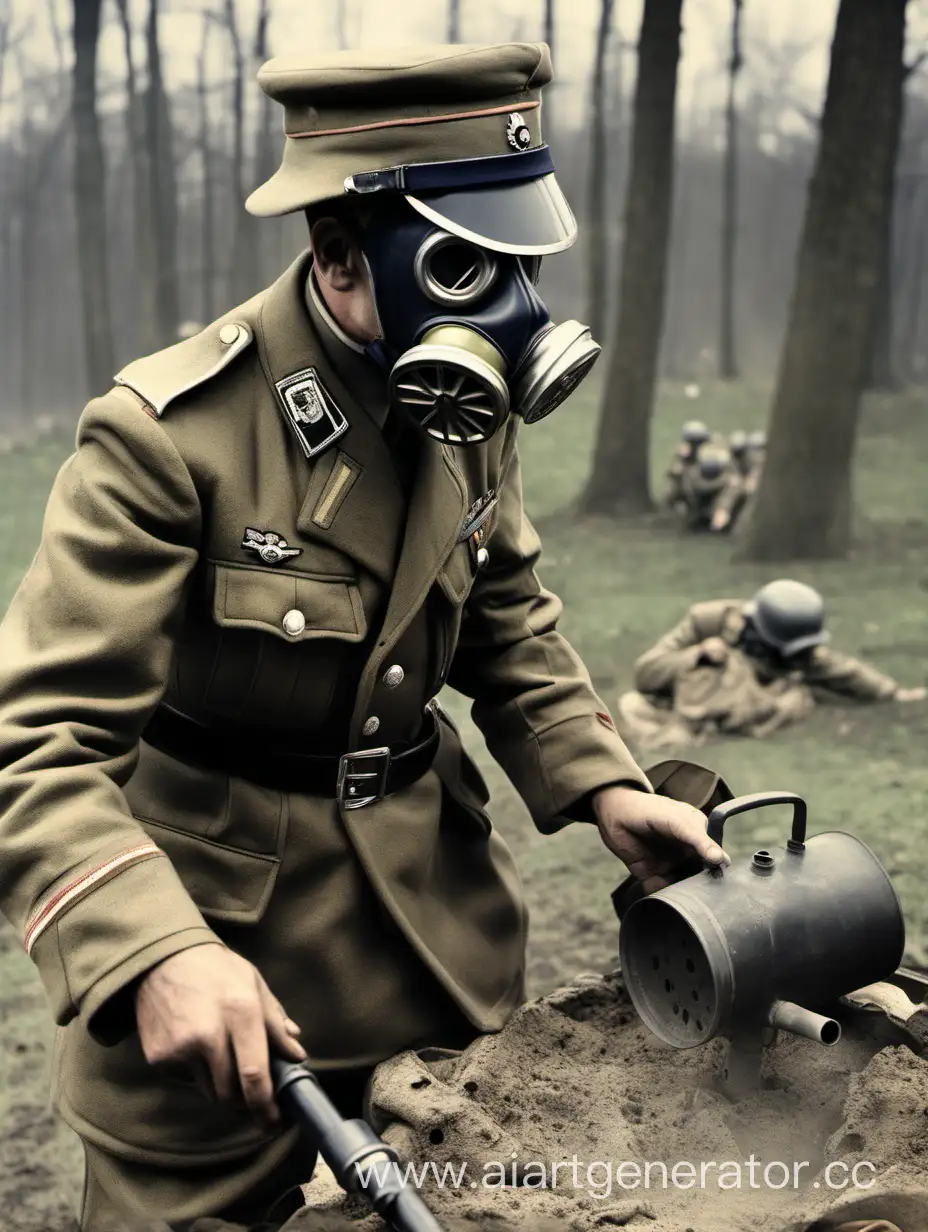 Солдат в немецкой шинеле второй мировой войны, фуражкой на голове и противогазе, ведëт урок, посаящëнный установке ловушек. Урок проходит на природе. 