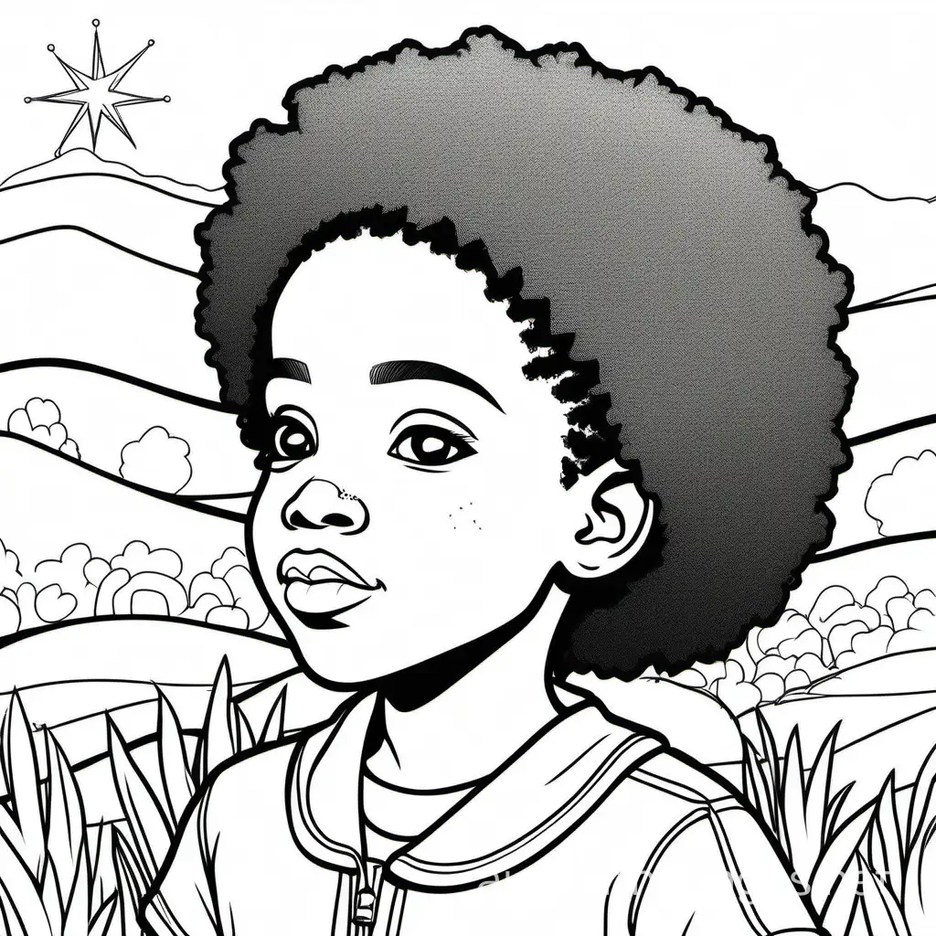 A portrait of a young African American dreamer, Coloring Page, black and white, line art, white background, Simplicity, Ample White Space. The background of the coloring page is plain white to make it easy for young children to color within the lines. The outlines of all the subjects are easy to distinguish, making it simple for kids to color without too much difficulty
