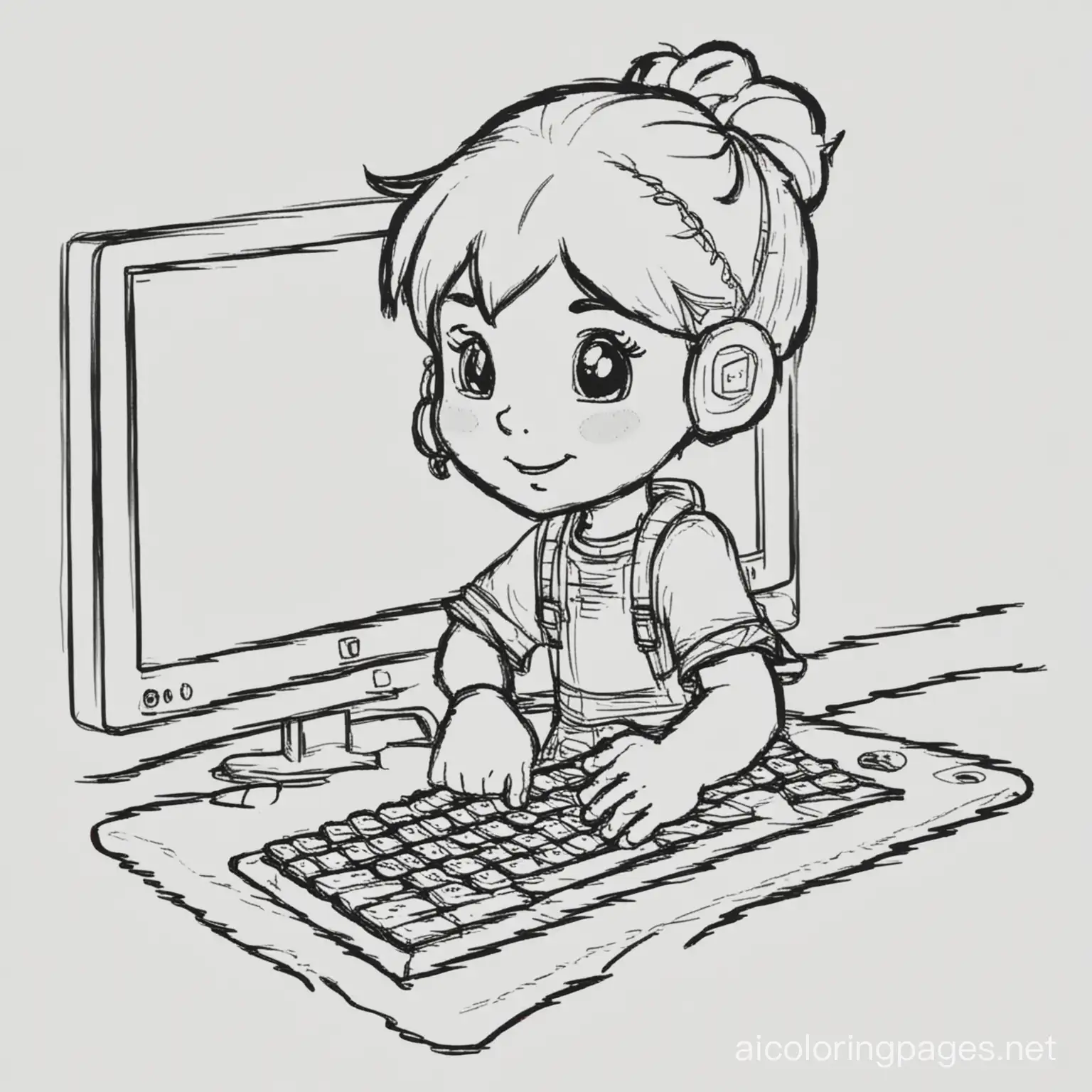 playing computer games, Coloring Page, black and white, line art, white background, Simplicity, Ample White Space. The background of the coloring page is plain white to make it easy for young children to color within the lines. The outlines of all the subjects are easy to distinguish, making it simple for kids to color without too much difficulty