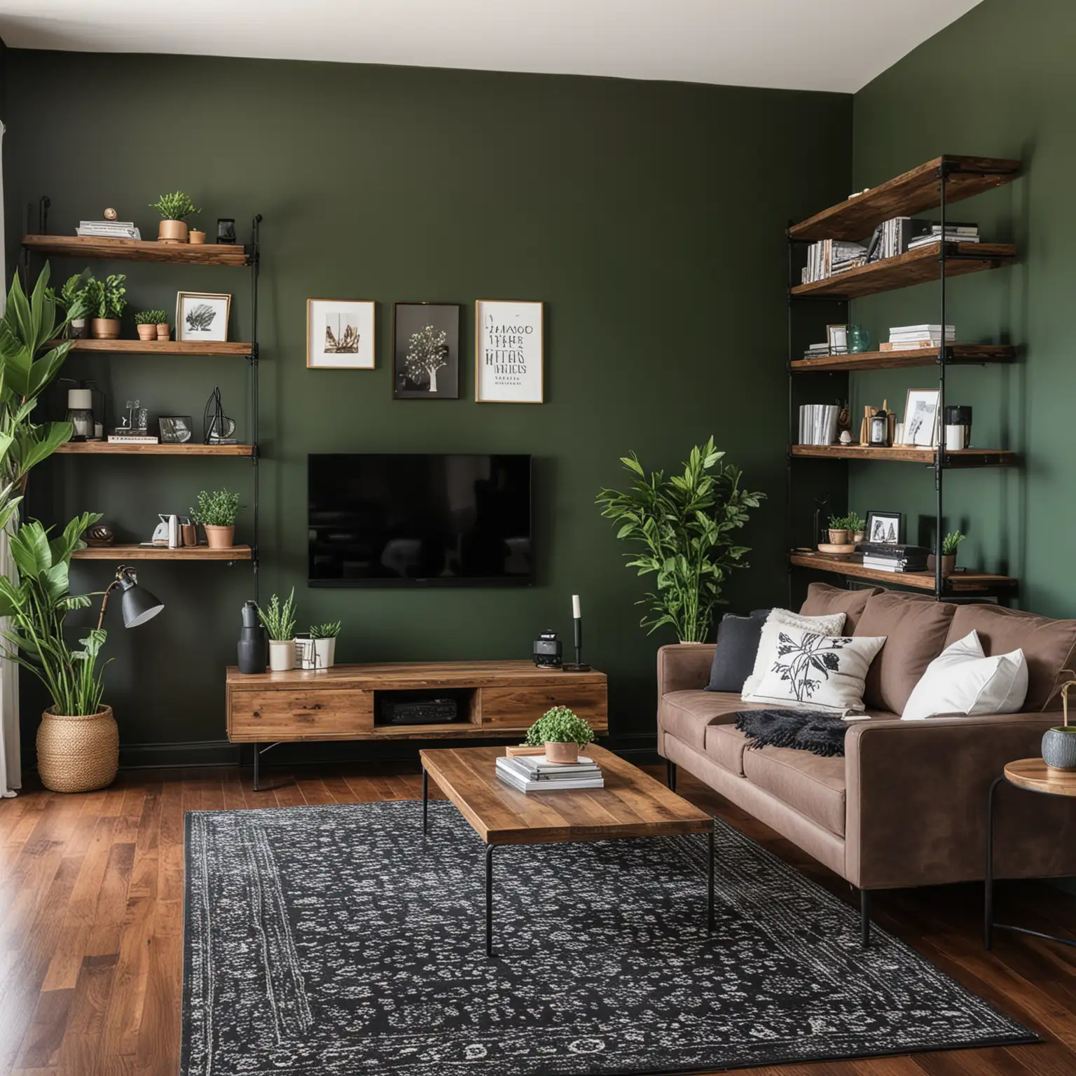 A living room that has darker painted walls, wood floors, black metal pipe and dark wood for shelving, an area rug. Dark wood, dark paint. Flat TV on the wall, small table with a lamp, couch.  Green brown black white