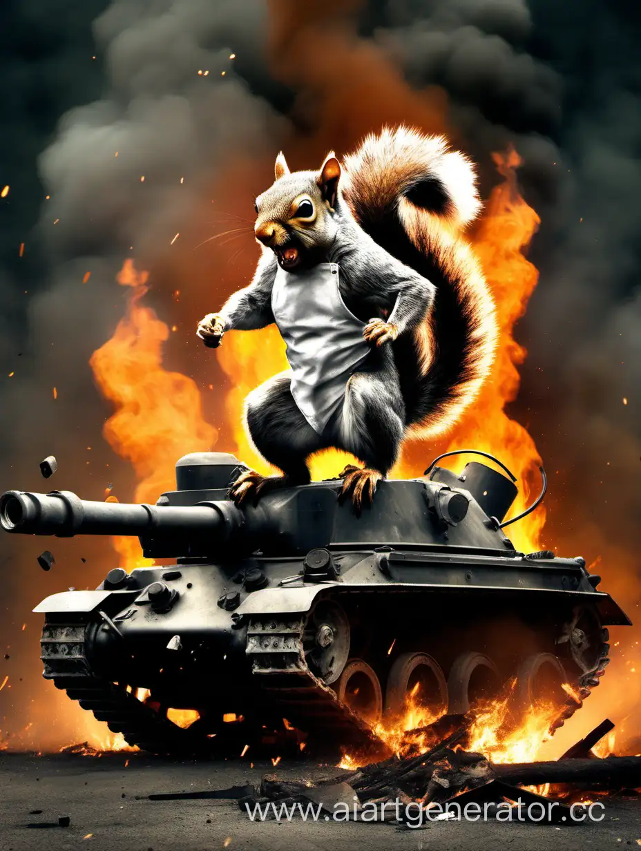 Angry squirrel stands with black flag on burning, broken tank, sparks flying, smoke. Poster style