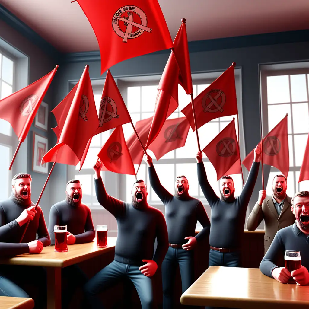 surrealistic image of the trade union members with silk red flags celebrating a succesfull strike in a pub.