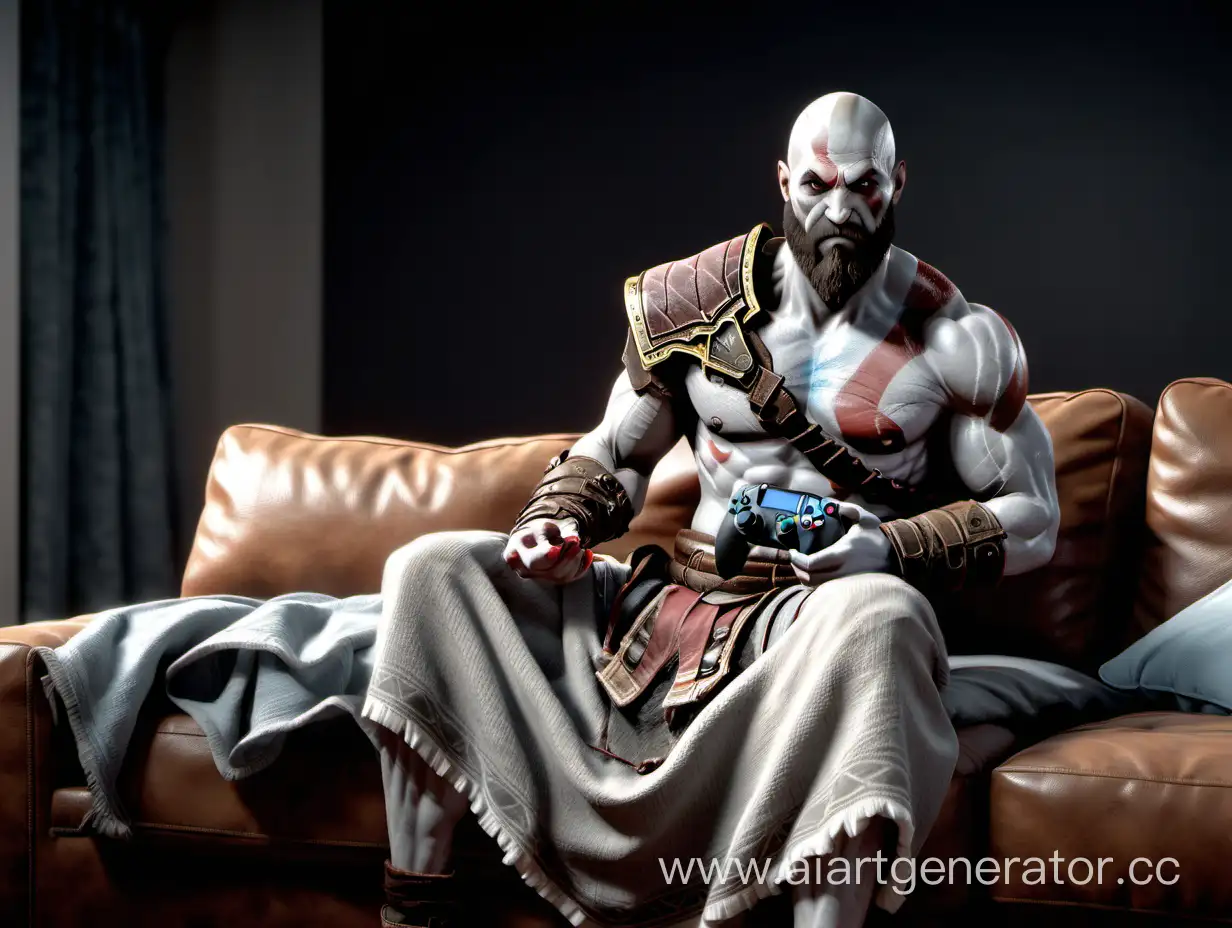 Kratos from God of War 4 sits on the couch in a blanket with a joystick in his hands, comfortably and cozily