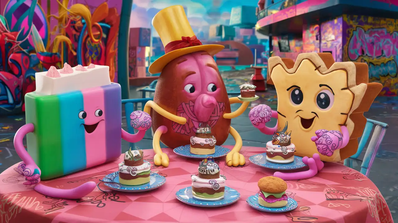 Tea party with multicolored soap bars, a rum ham with arms and legs, a cartoon pop tart with big hands Eating tiny cakes and  sandwiches in tattoo style.  
