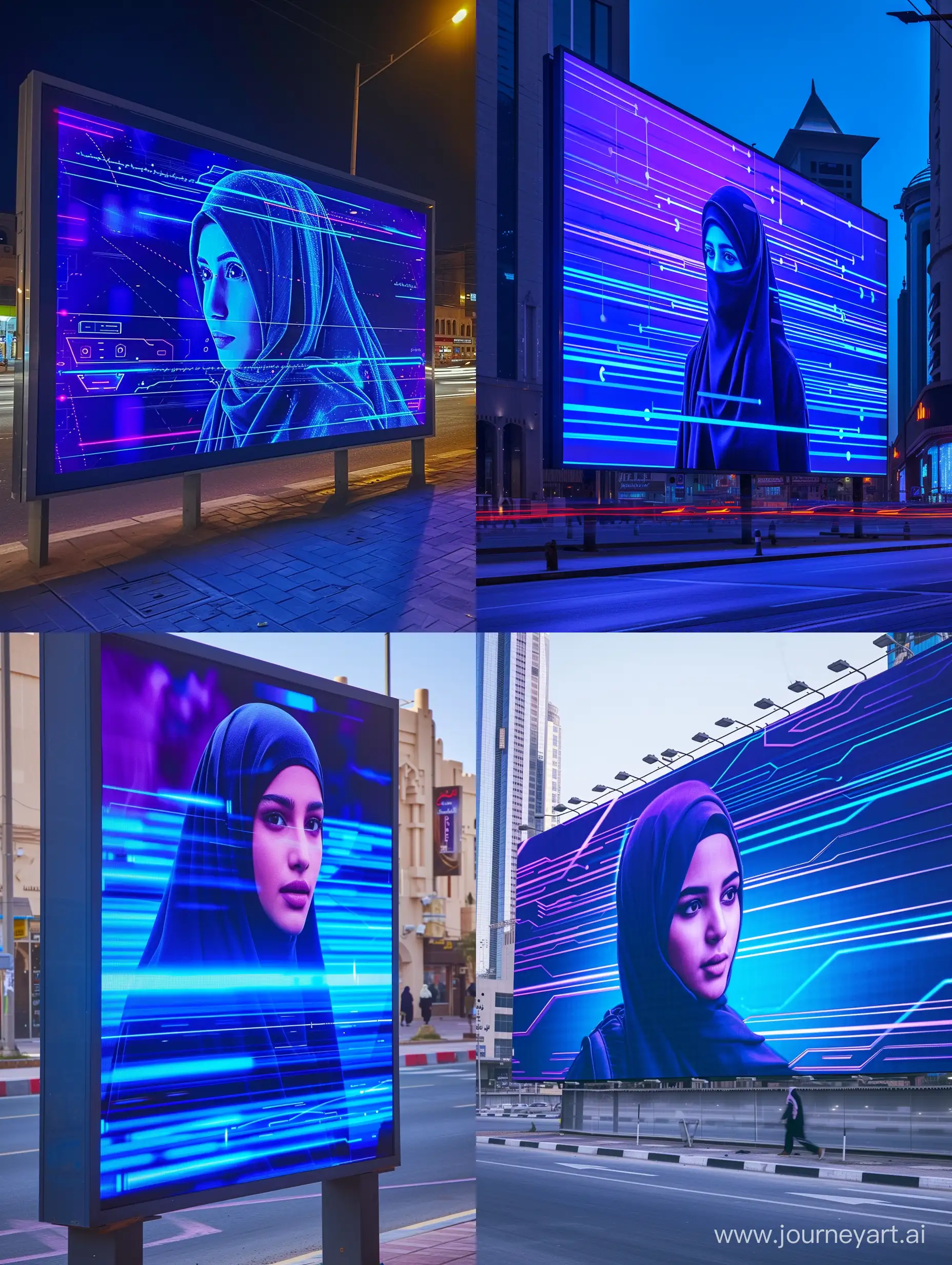 An advertising screen on the street in the city of Riyadh, in blue and purple, with an Arab model wearing a hijab and lines for speed and technology in blue and purple.