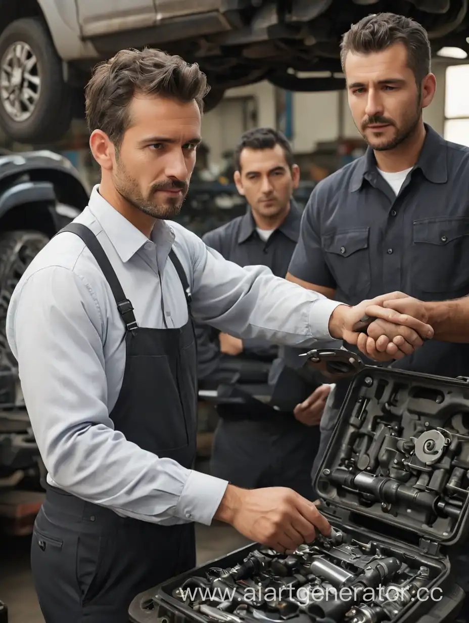 Mechanic-Delivering-Parts-to-Businessman-in-Workshop