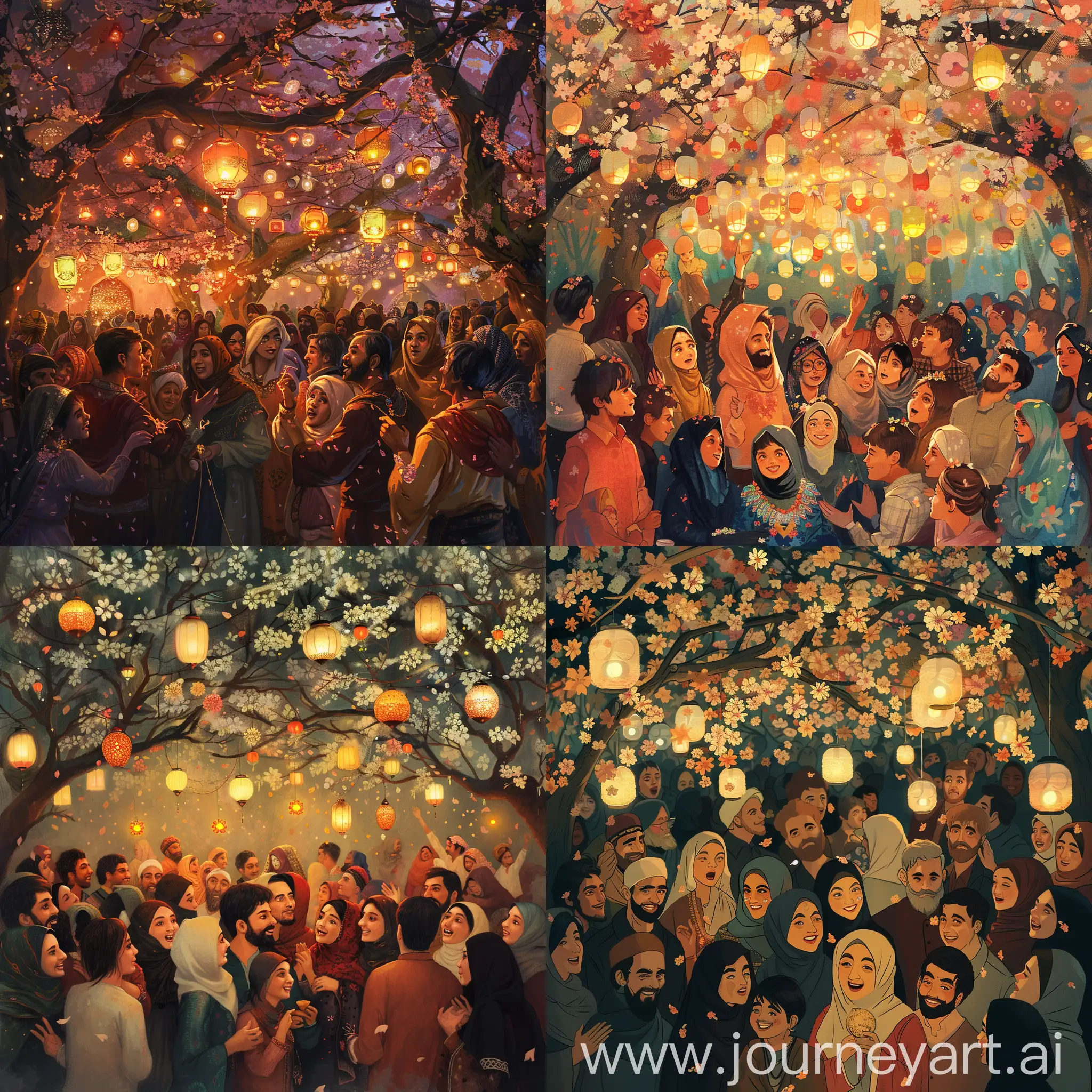 reate an enchanting scene where people from around the world gather under a canopy of blossoms, their faces illuminated by the warm glow of lanterns. Together, they rejoice in the arrival of Nowruz and Eid, their laughter mingling with the music of celebration. Let the image radiate with the spirit of unity and renewal as cultures merge in harmony,
