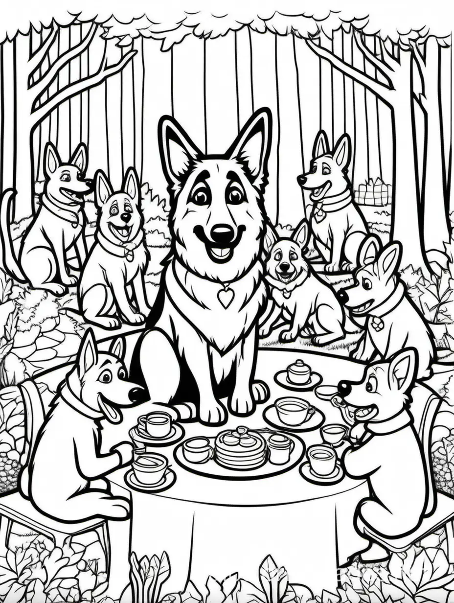 German-Shepherd-Tea-Party-Coloring-Page-in-Forest