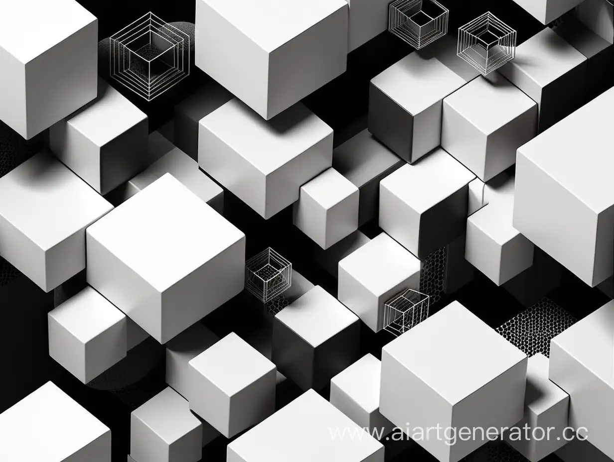 Geometric shapes in space: cubes and hexagons black and white