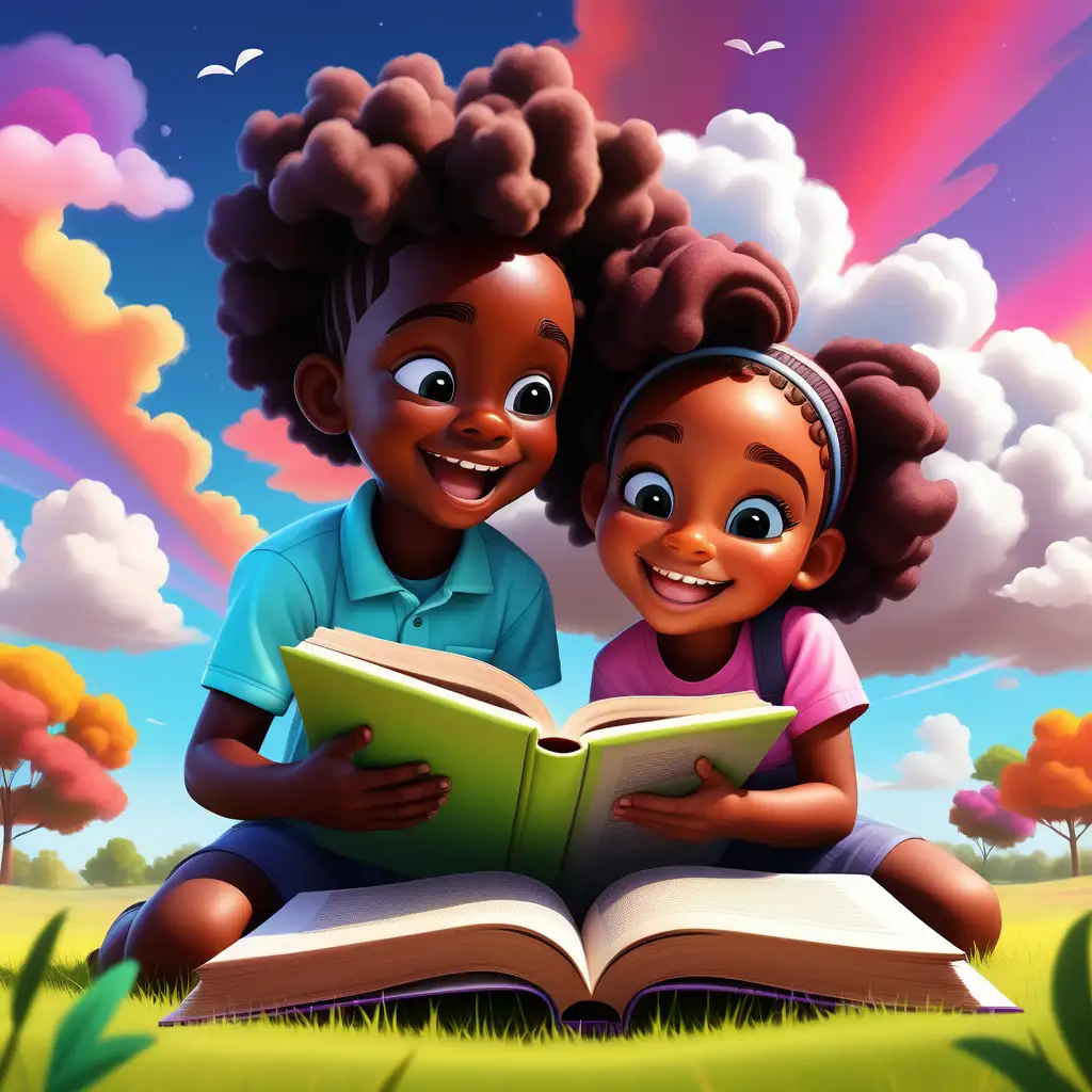 two  little black kids a boy and a girl looking very happy reading a massive book in a very colorful nature place with colorful clouds behind