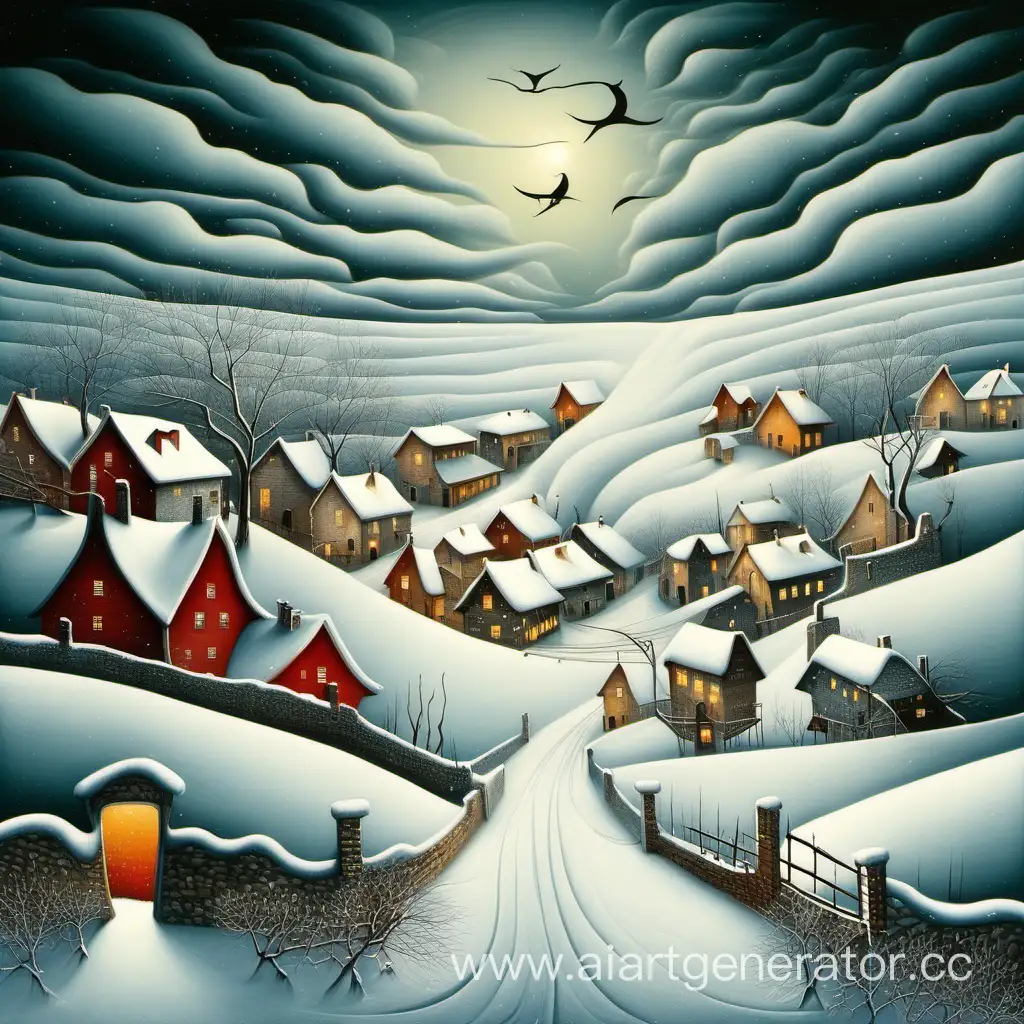 Village, winter, surrealism