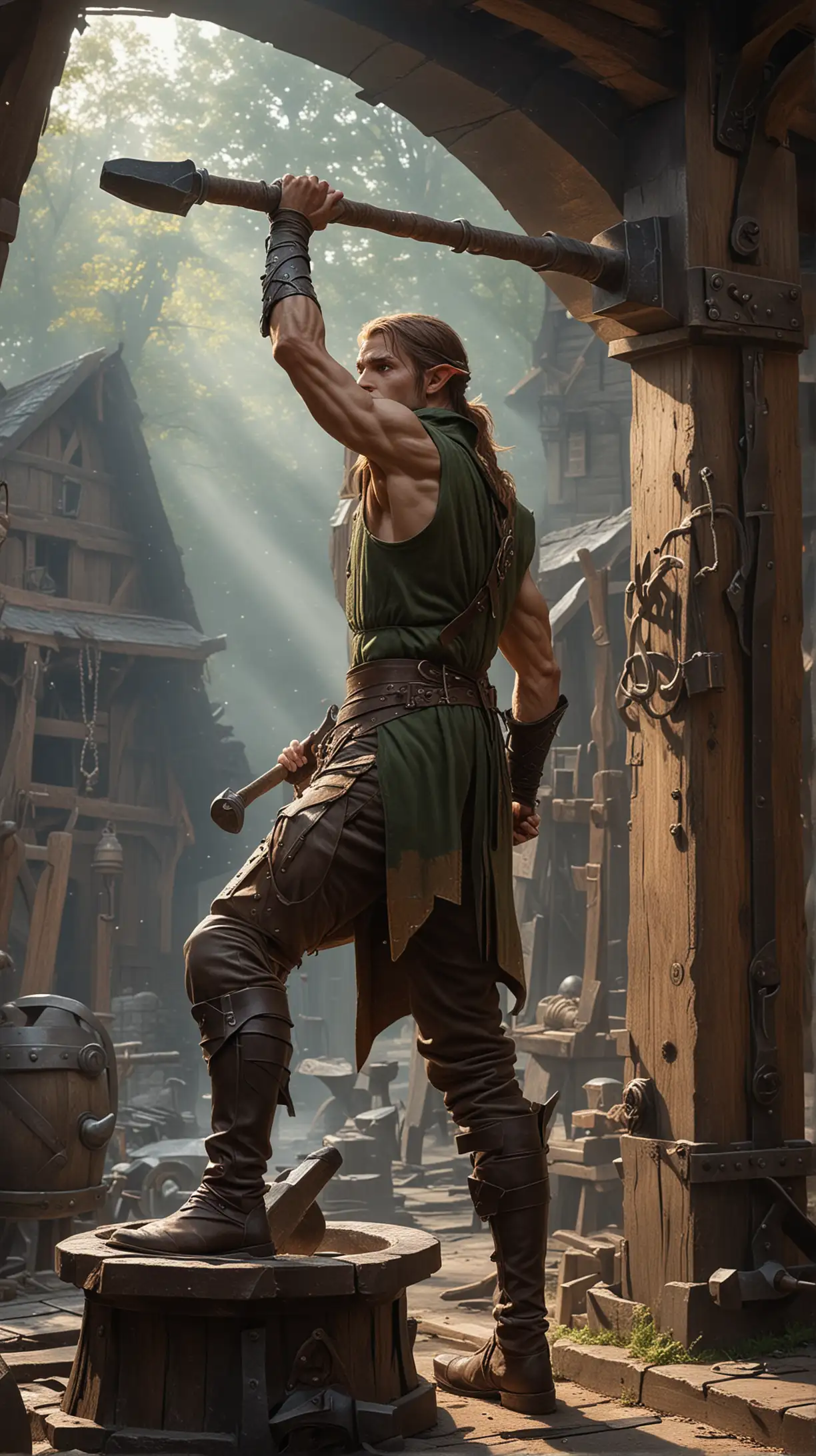 In a fantasy setting, A tall strong wood elf swings a large hammer over his anvil in a blacksmith forge.