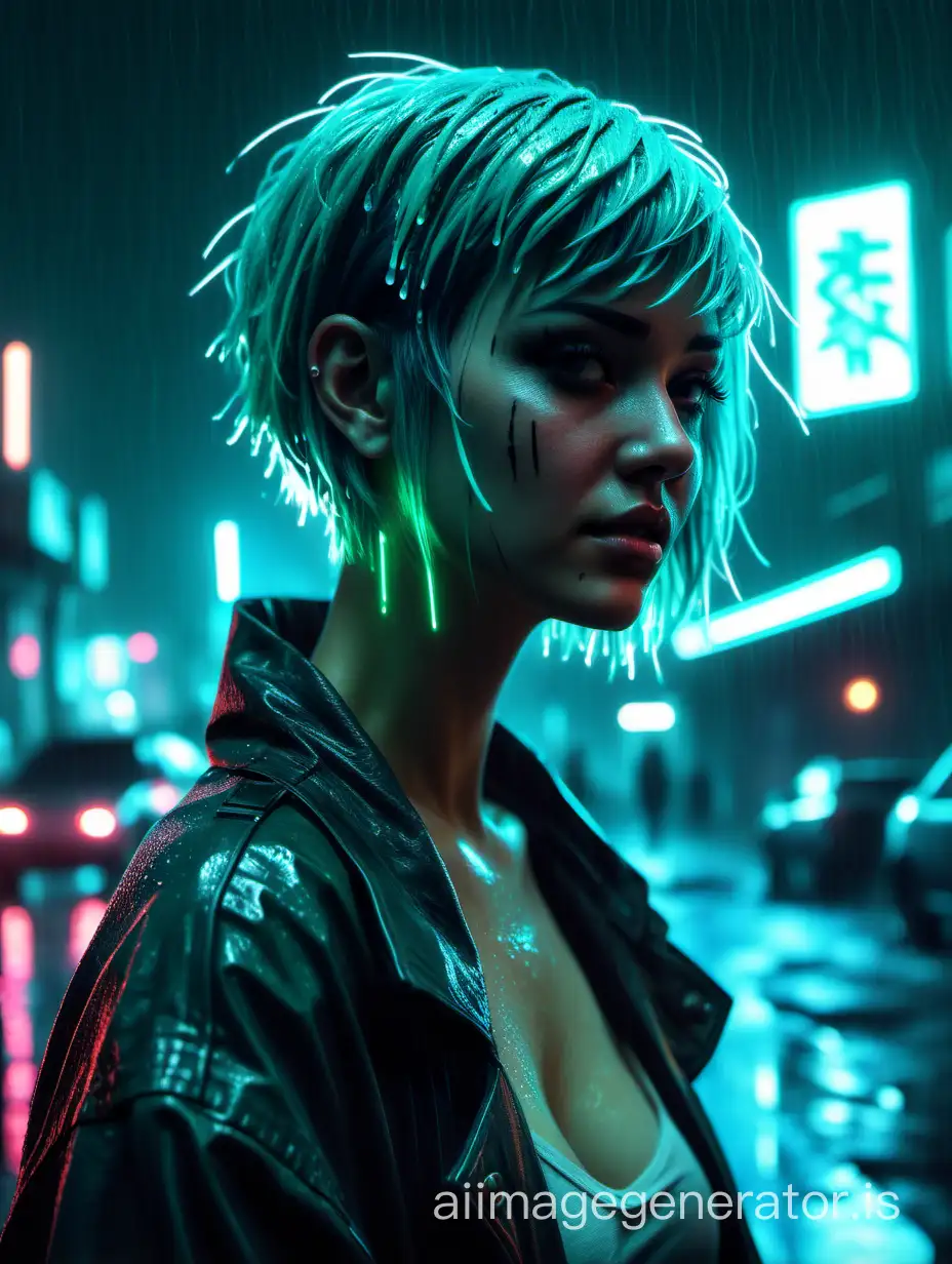 Cyberpunk style, night, girl with short turquoise hair, rain, neon lights, cinematic, realism