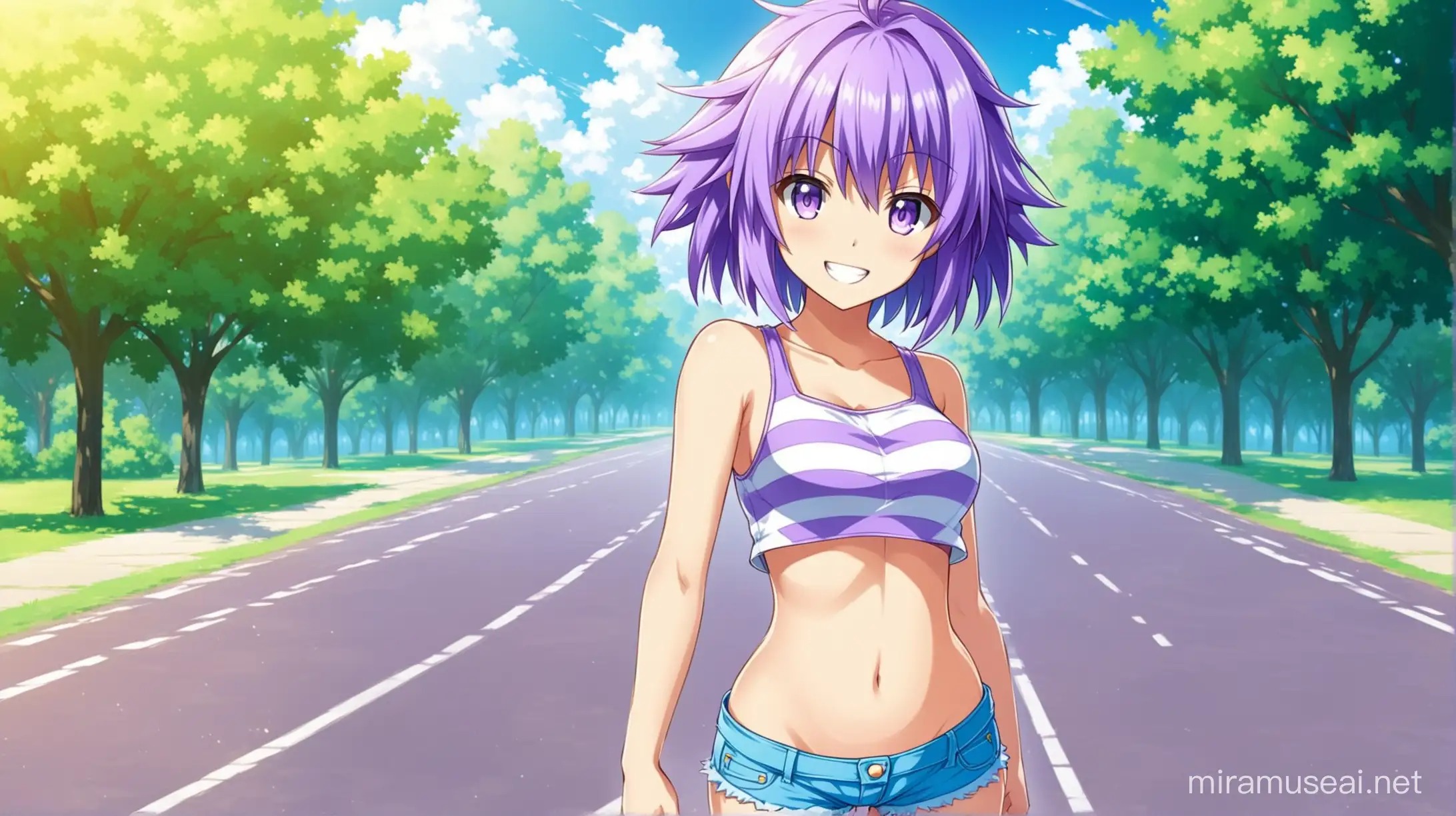Draw the character Neptune from the Hyperdimension Neptunia series with short hair standing alone outside on a sunny day while she is wearing jean shorts and a shirt and smiling at the viewer