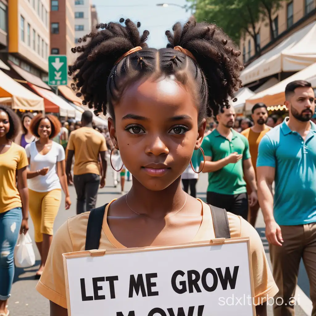 a black girl with a sign that says "let me grow" in a crowd market