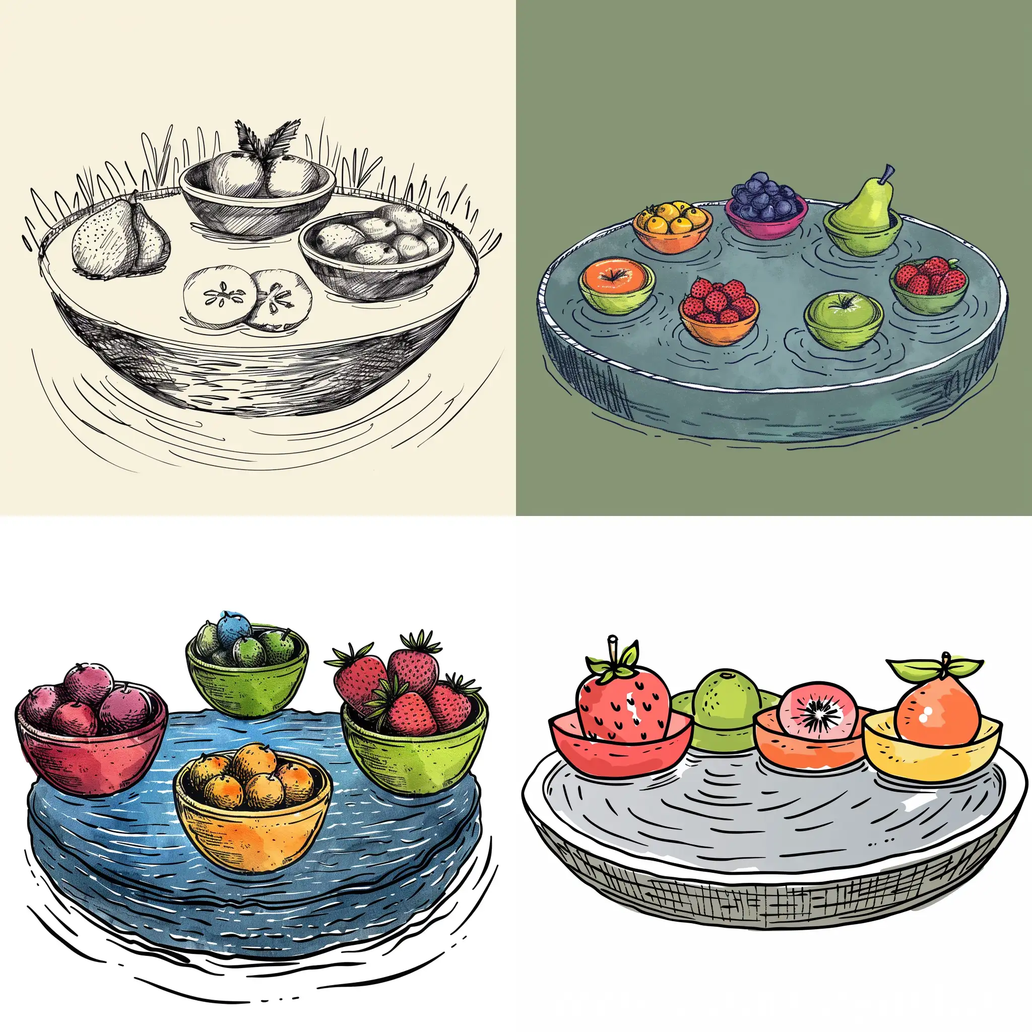 Floating-Fruit-Bowls-on-Circular-Pond-Hand-Sketched-Simple-Style
