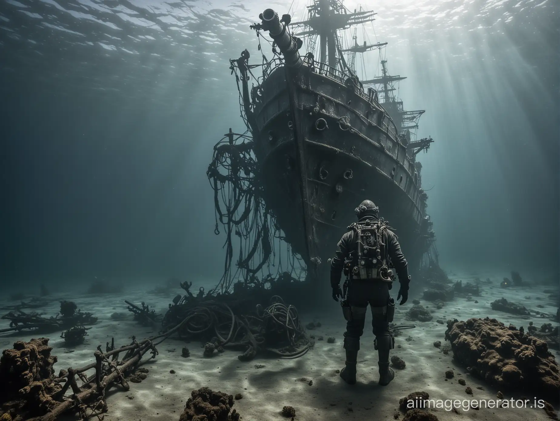 старый аквалангист стоит на дне океана,на заднем плане затонувший огромный Фрегат 