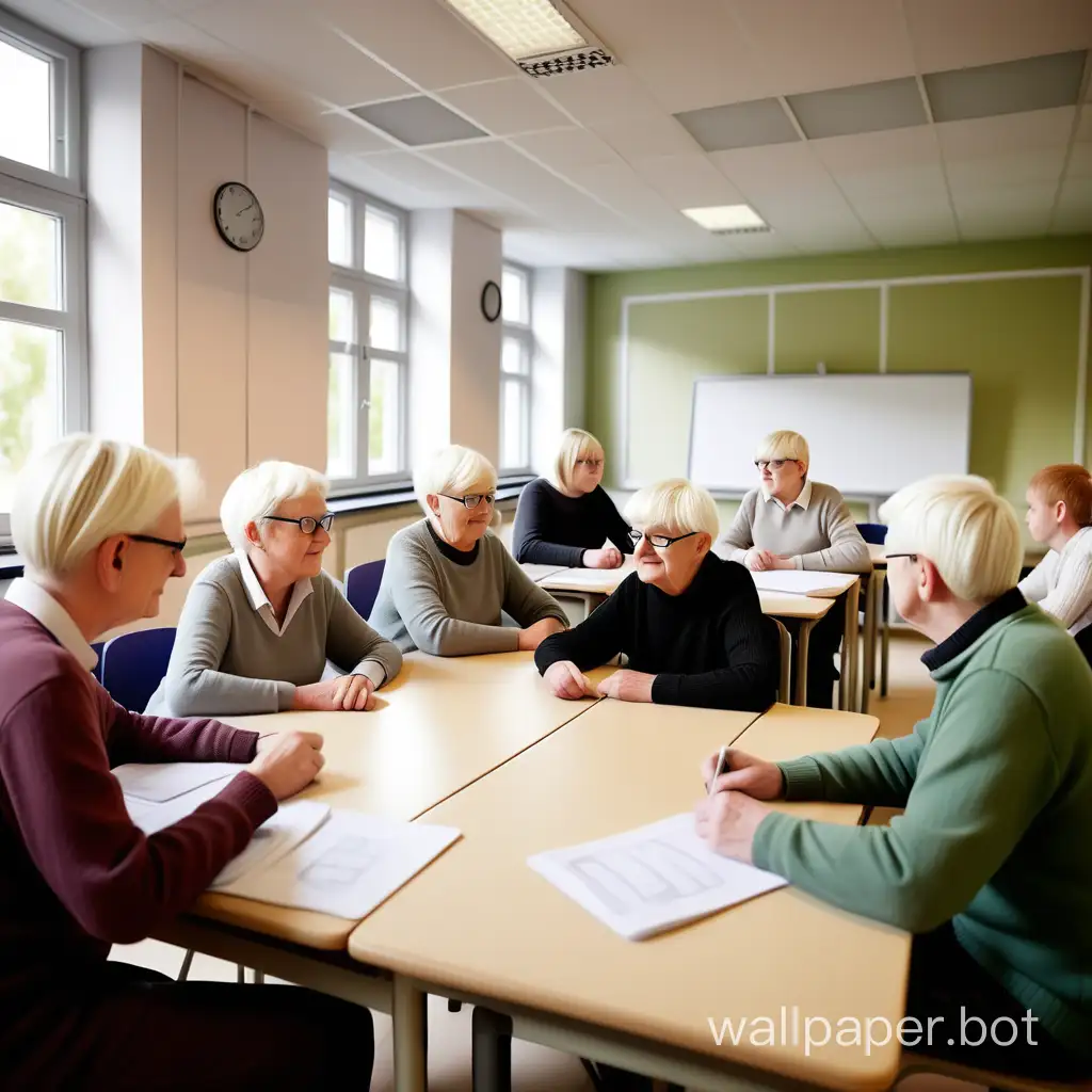 classroom with senior ages from 50 to 60 years from Denmark, teaching jobseeking skills, sitting at tables in groups of 4 persons