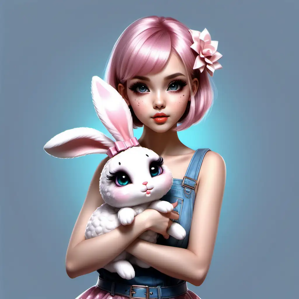 Create an enchanting very trendy style kawaii girl. holding a bunny on her arms. Wearing a beautiful  sleeveless outfit. Bob cut short hair. Beautiful details factions. Big eyes. Trendy shoes. Lip gloss. High quality. HD. no background. Thomas Kinkade style, Nadja Baxter Anne Stokes Nancy Noel --ar 4:5 --niji 5