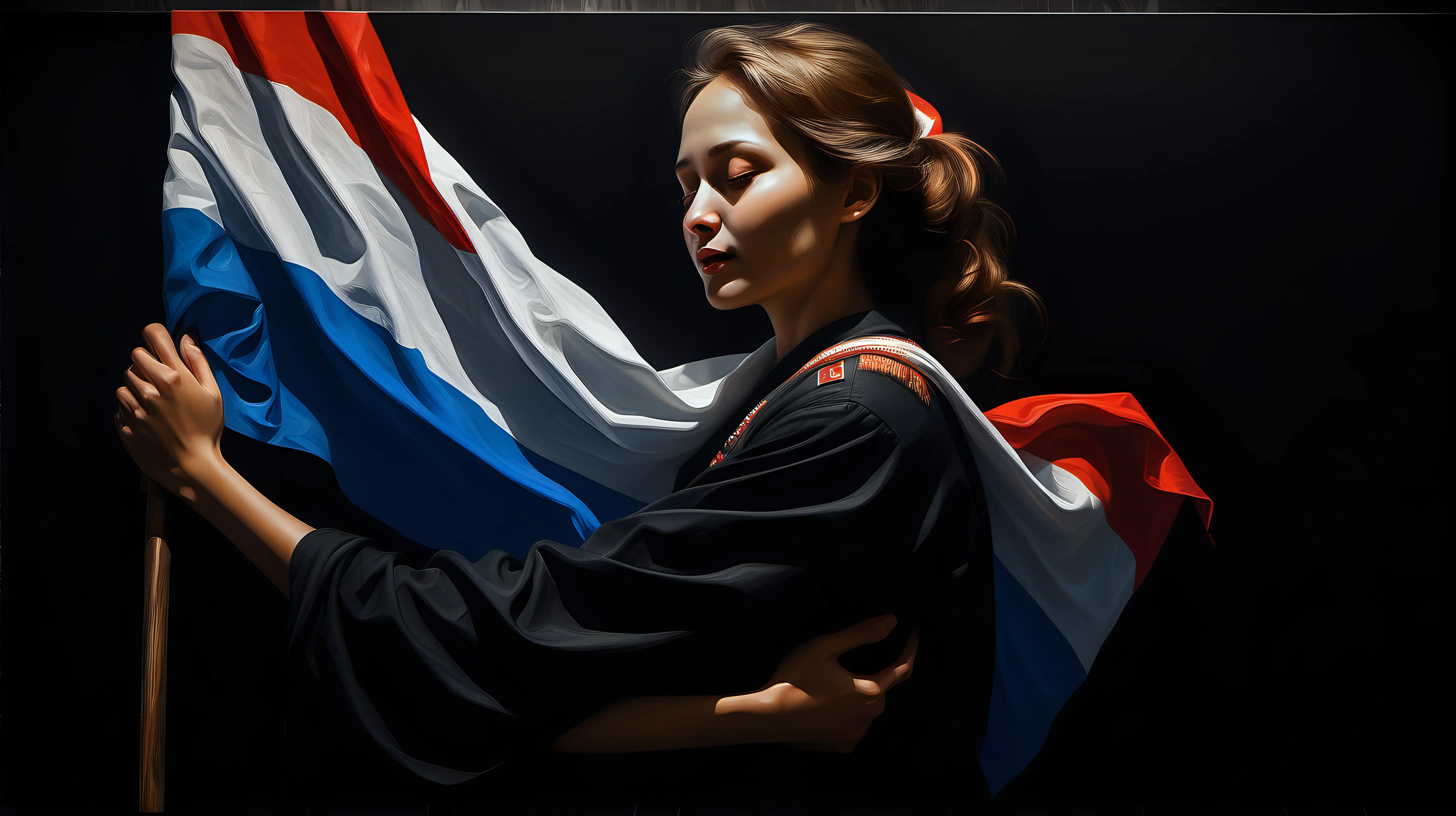 Convey a powerful message of love for the motherland by depicting a person tenderly cradling a luminous Russian flag against a deep black canvas.