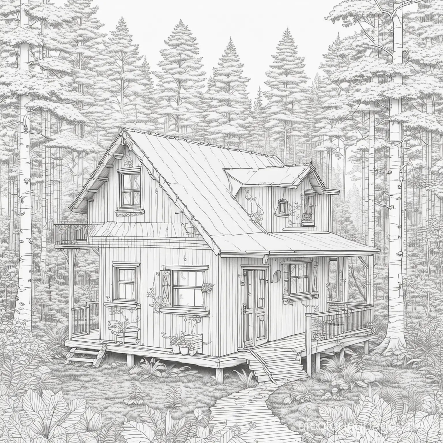 Wooden house in a forest, Coloring Page, black and white, line art, white background, Simplicity, Ample White Space. The background of the coloring page is plain white to make it easy for young children to color within the lines. The outlines of all the subjects are easy to distinguish, making it simple for kids to color without too much difficulty