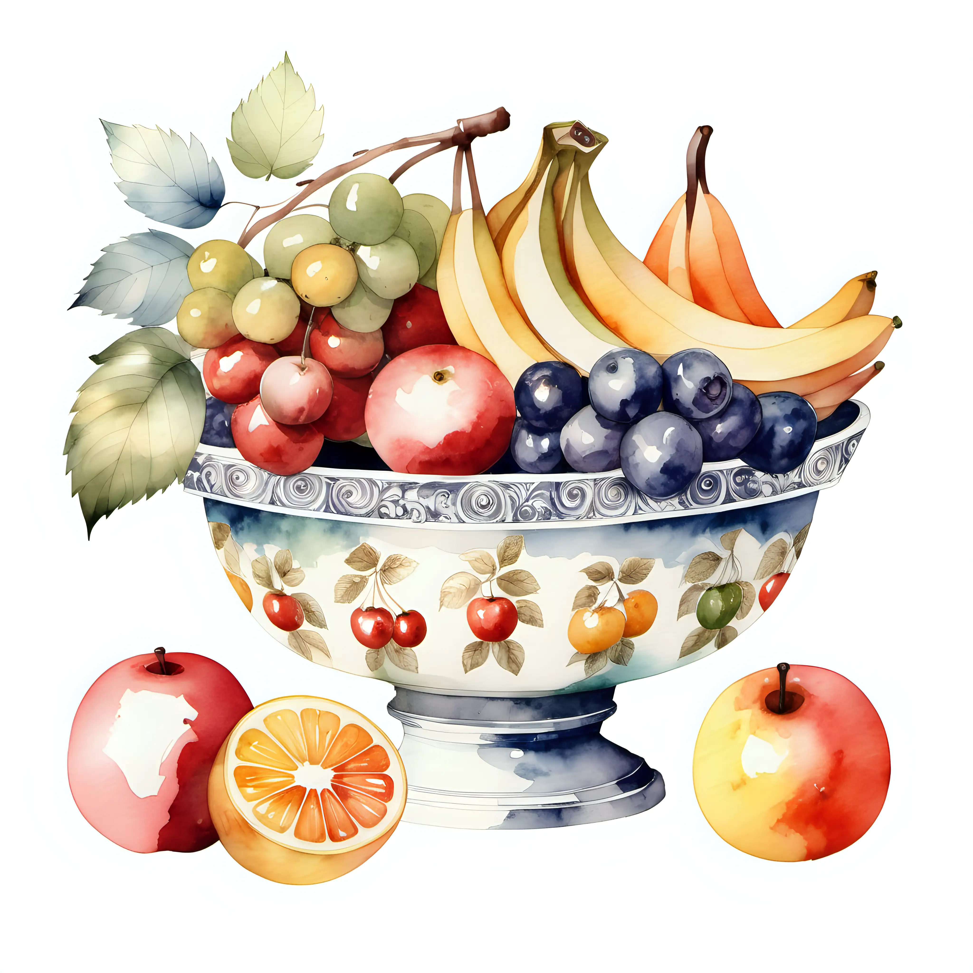 Vintage style watercolour polish fruit bowl on plain white background 