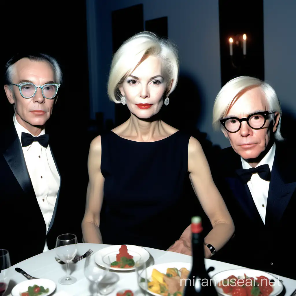 attractive middle aged female designer at an elegant dinner party with Andy Warhol