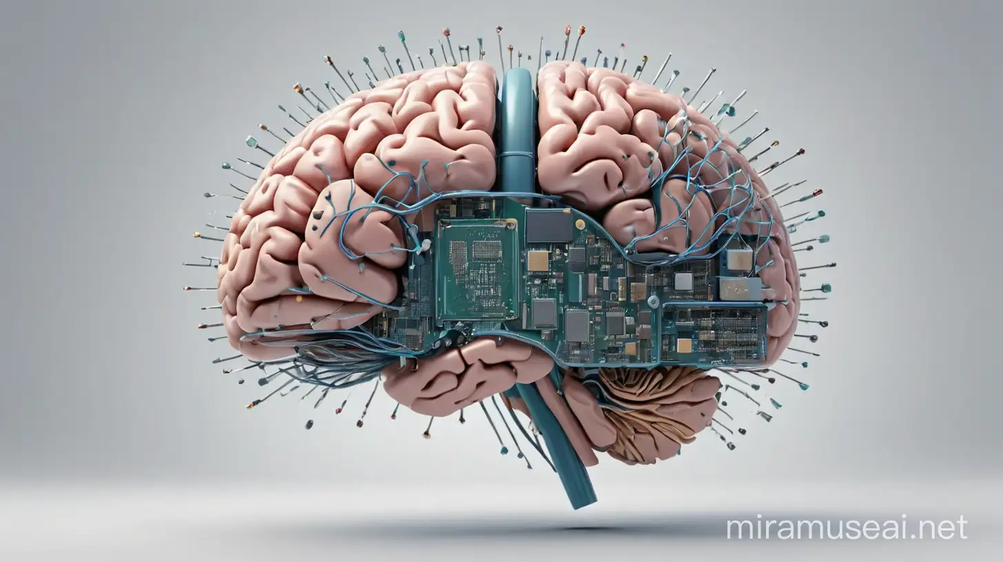 design human brain, half in medical composition shape and half in digital microchip shape on transparent background