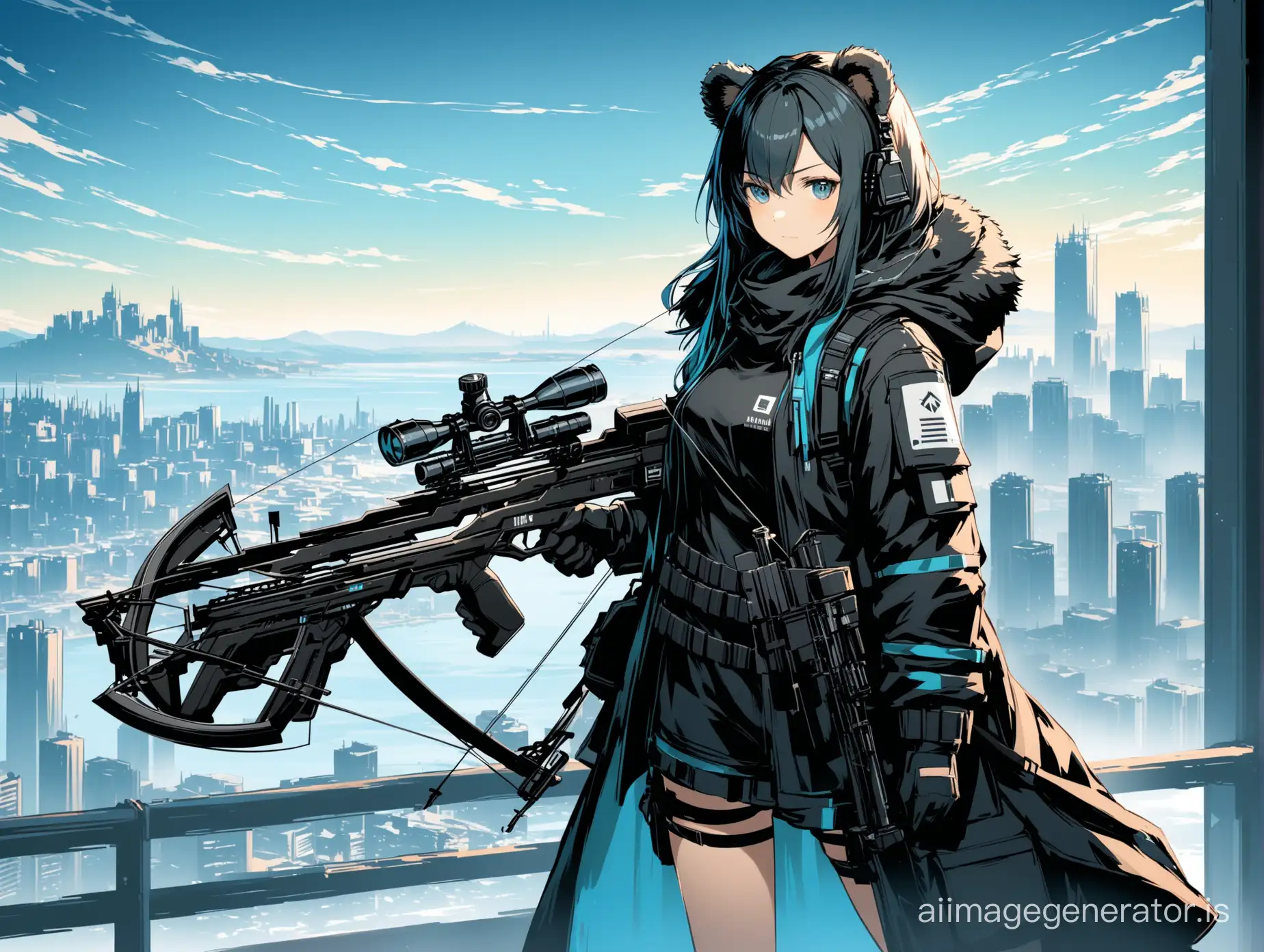 Arknights, (((Arknights))) ursus girl, bear ears, with a
 crossbow, against the background of the city, black clothes with blue elements