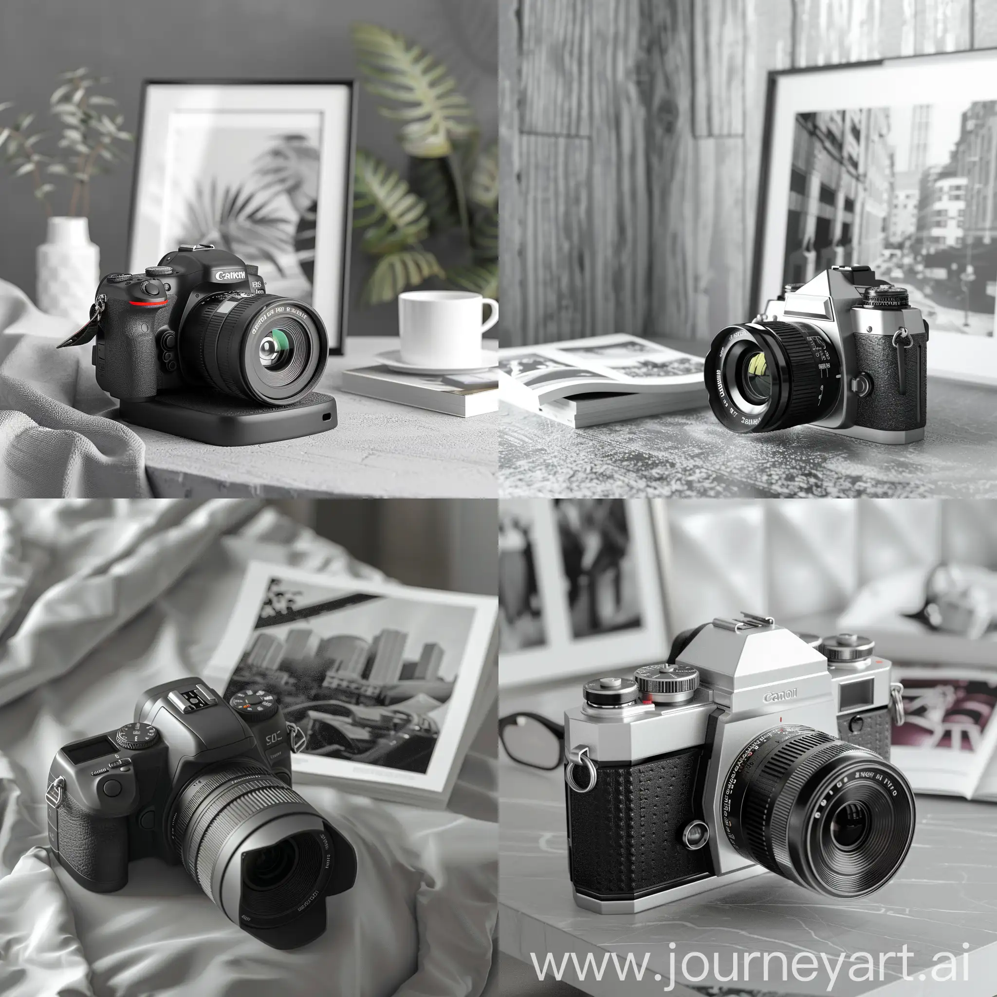 digital modern camera on the table, gray uniform background 3d stylish black and white magazine photo, gray uniform background