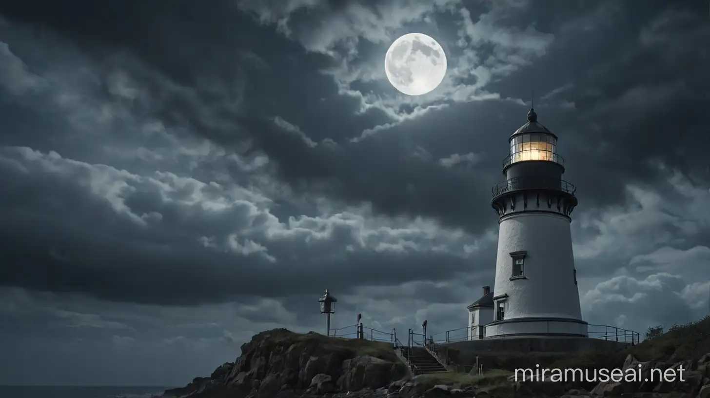 Eerie Lighthouse Base with Ominous Clouds and Bright Moon