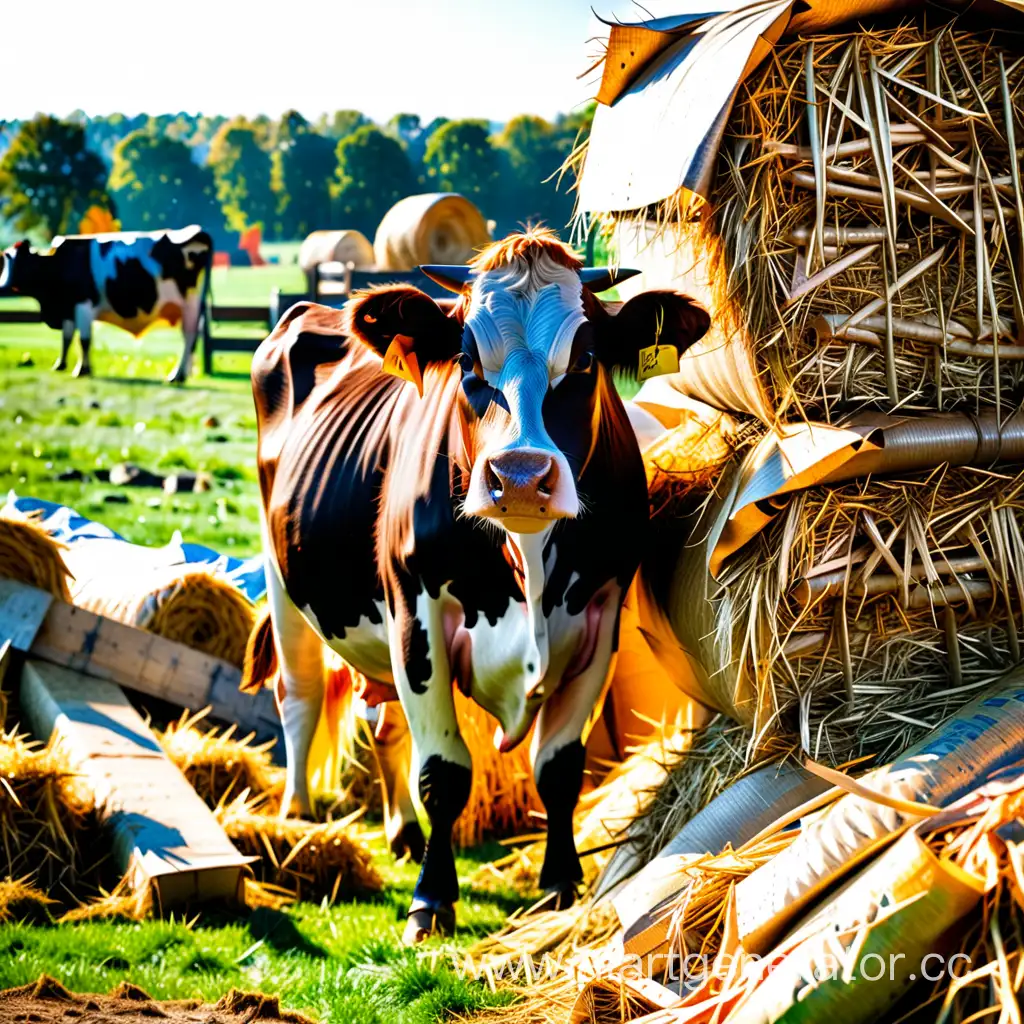 Cow-Grazing-Beside-a-Pile-of-Hay