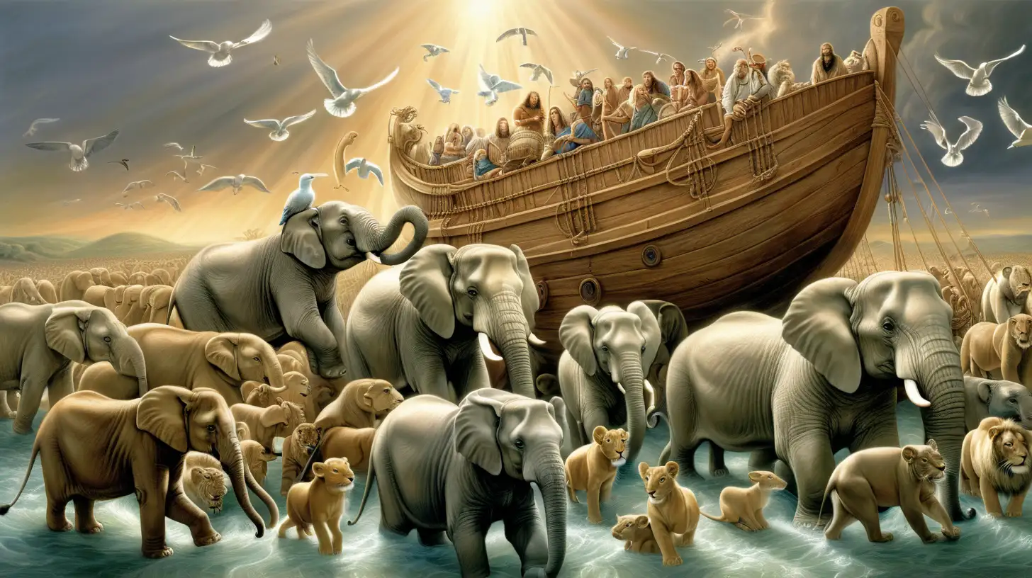 Diverse Gathering of Animals Approaching Noahs Ark