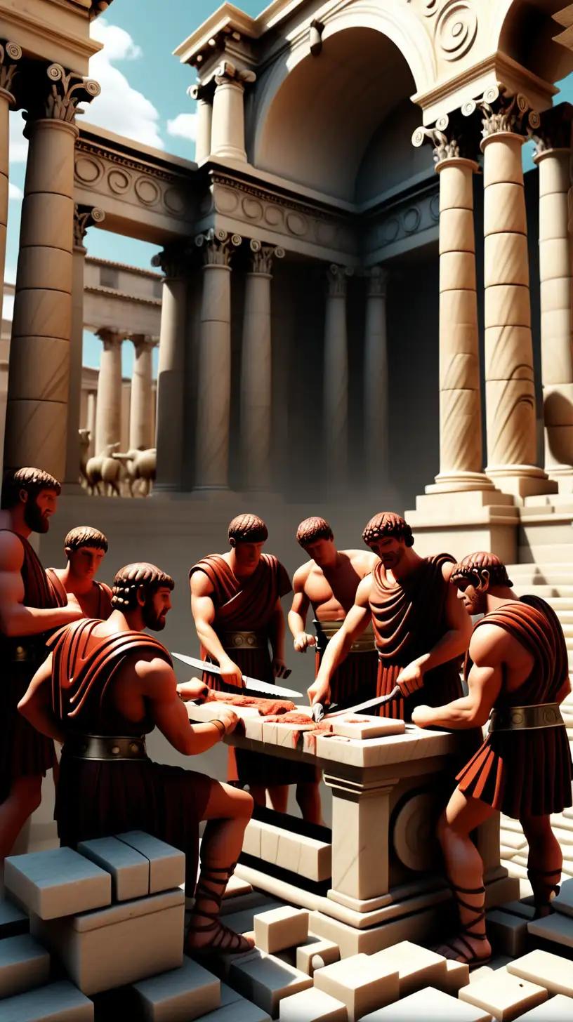 Generate an image depicting an ancient Roman setting where multiple individuals are using sharp knives