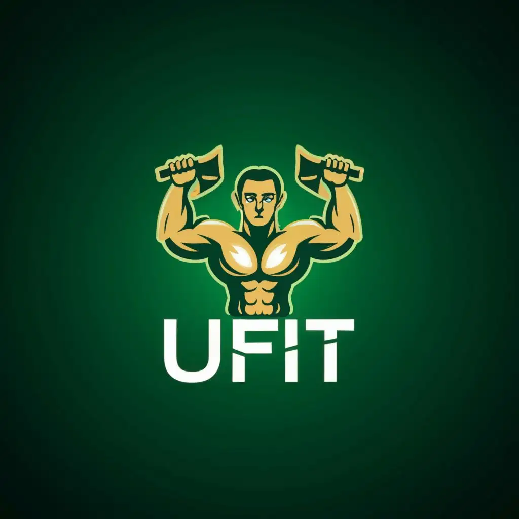 logo, Green, Pickaxe,  Muscle, Flexing, Gold, simple , with the text "UFIT", typography, be used in Sports Fitness industry