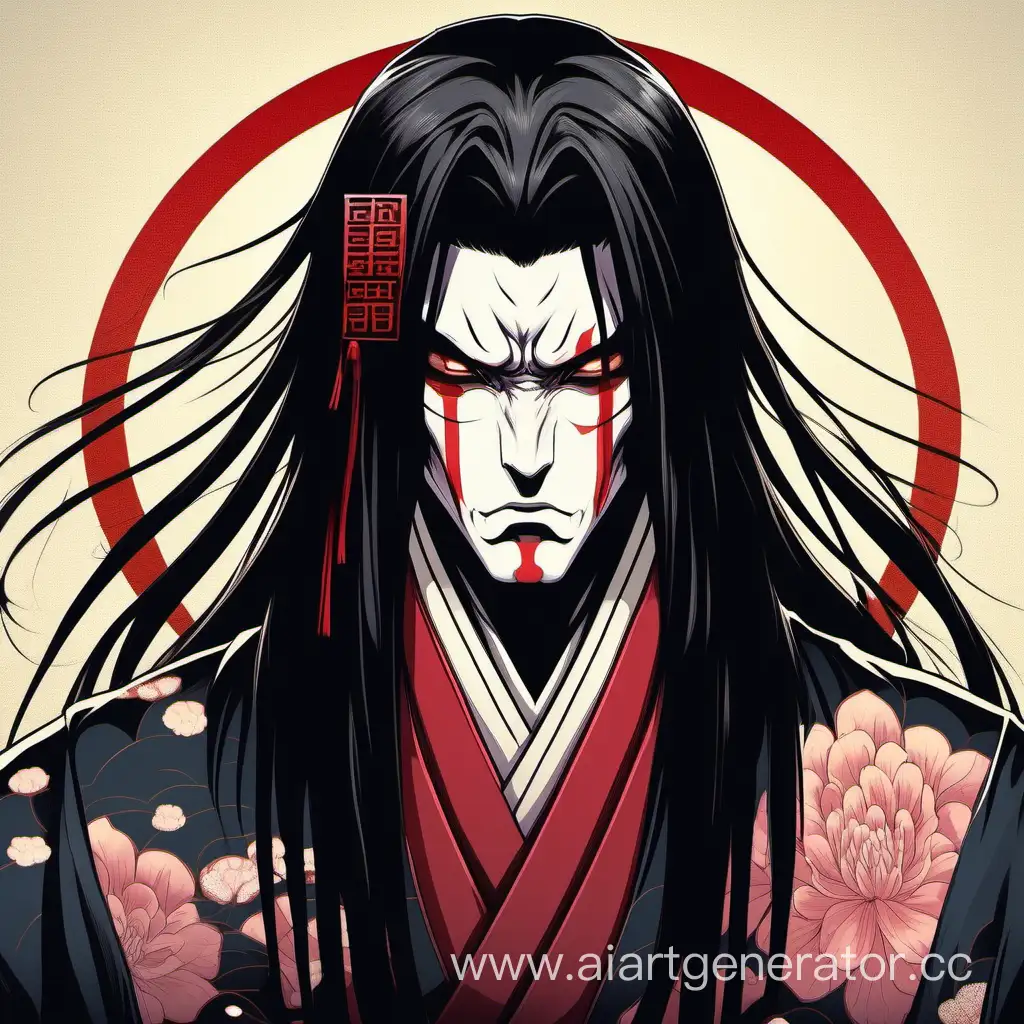 a man with long straight black hair, red eyes, strict and elegant, god of death, dressed in Japanese clothes, wears a dark patch over one eye, cold temper.