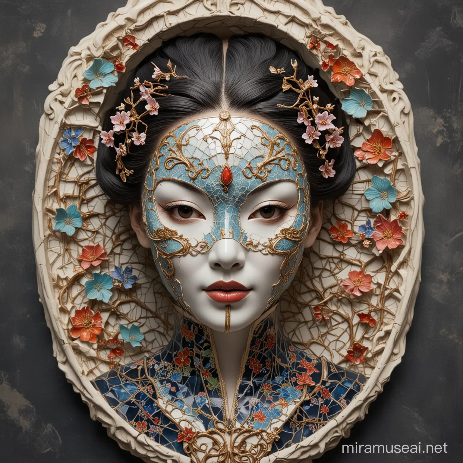 Colorful Art Nouveau Style Japanese Woman in Cracked Porcelain Mask amidst Mystical Worlds