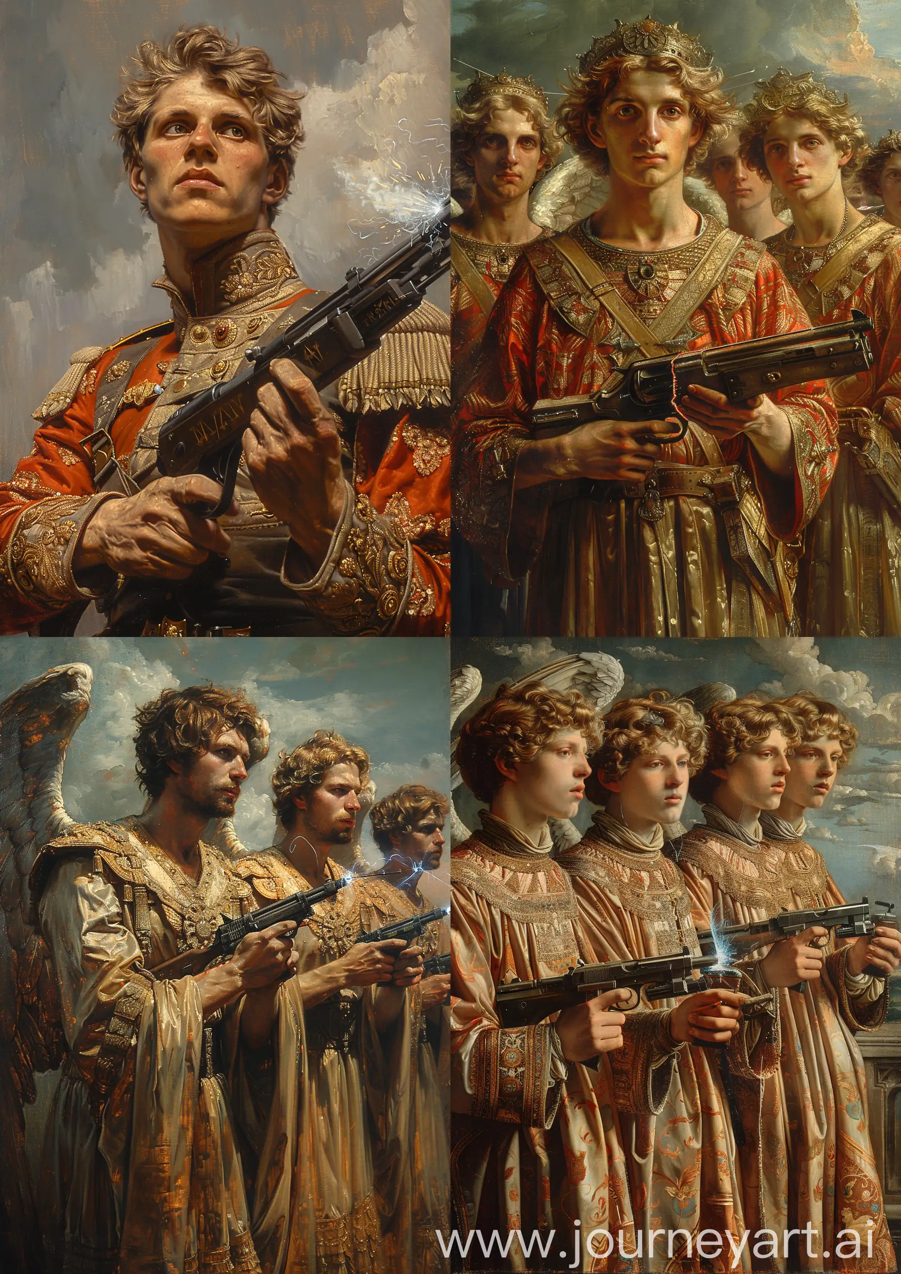 Ornate-SilkRobed-Male-Angel-Warriors-with-AK47-in-Sky-Tones
